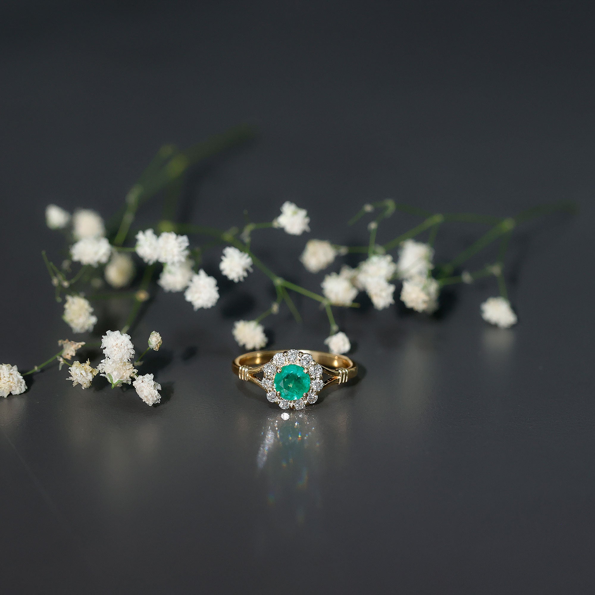 Emerald Nature Inspired Engagement Ring with Diamond Halo AAA - Rosec Jewels