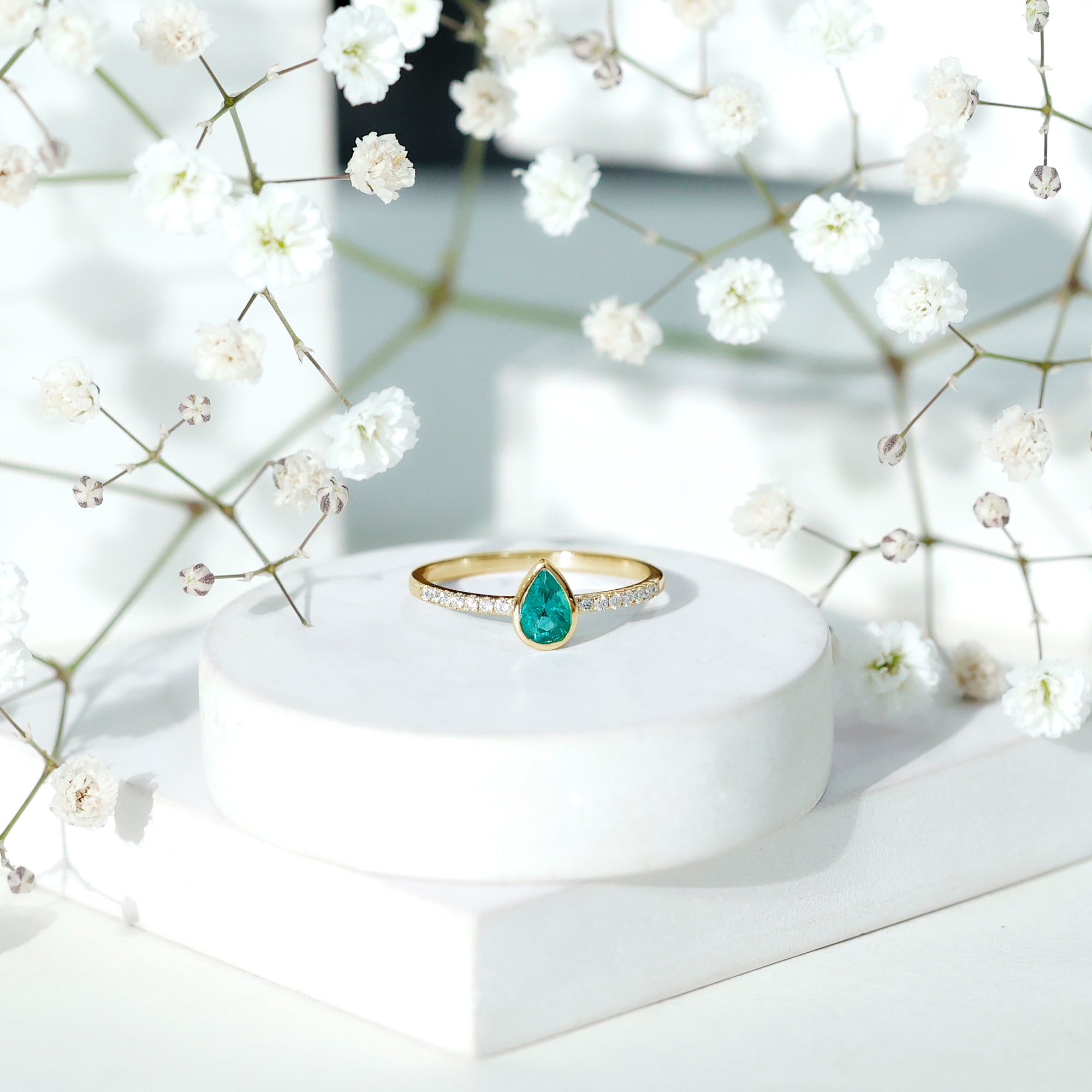 Pear Shaped Emerald Engagement Ring with Diamond Side Stones AAA - Rosec Jewels