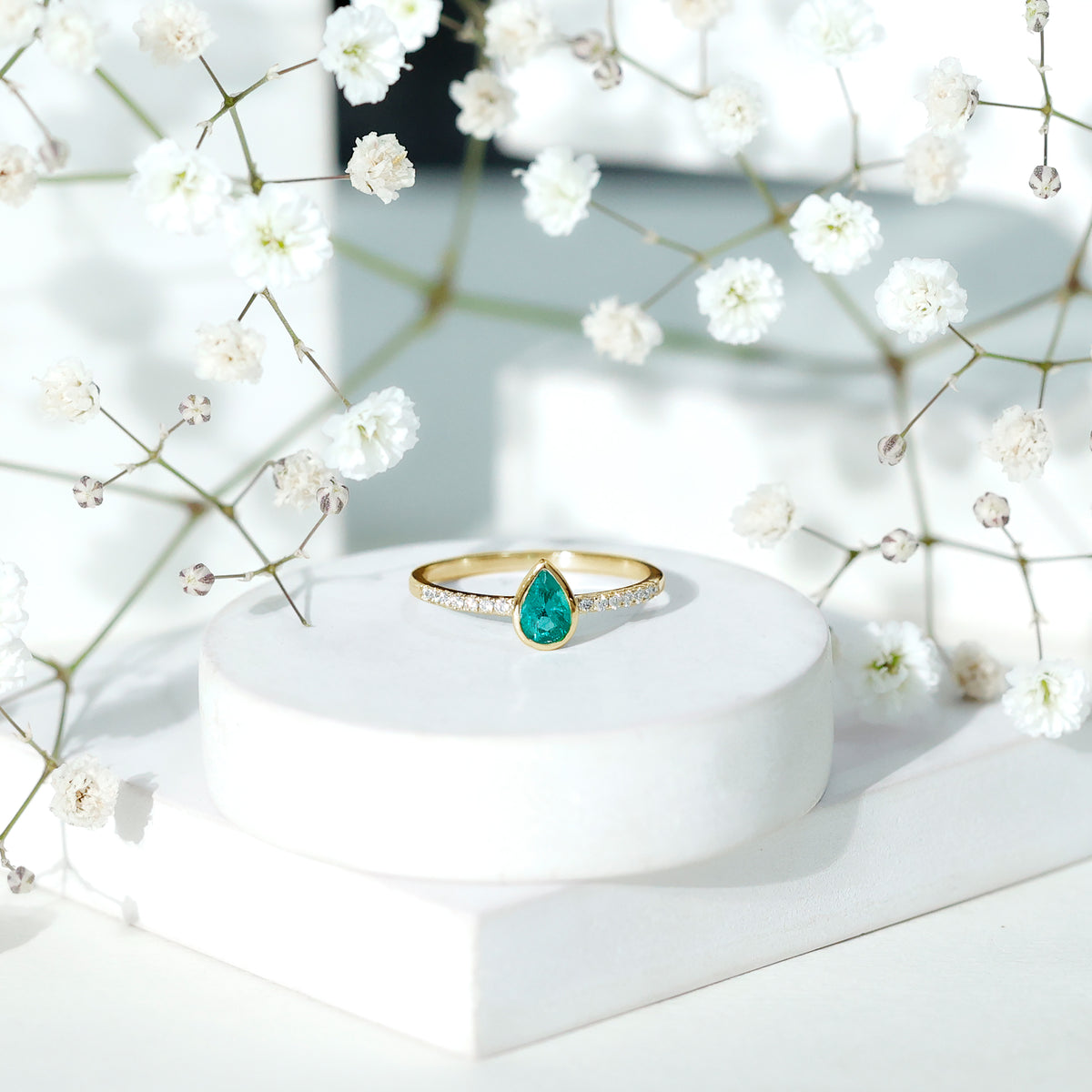 Pear Shaped Emerald Engagement Ring with Diamond Side Stones AAA - Rosec Jewels