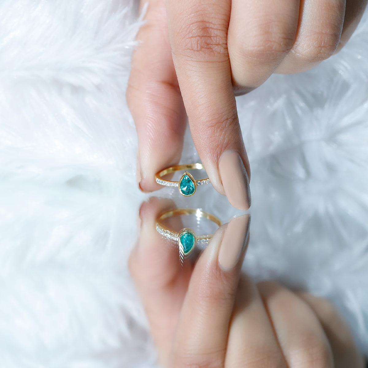Pear Shaped Emerald Engagement Ring with Diamond Side Stones AAA - Rosec Jewels