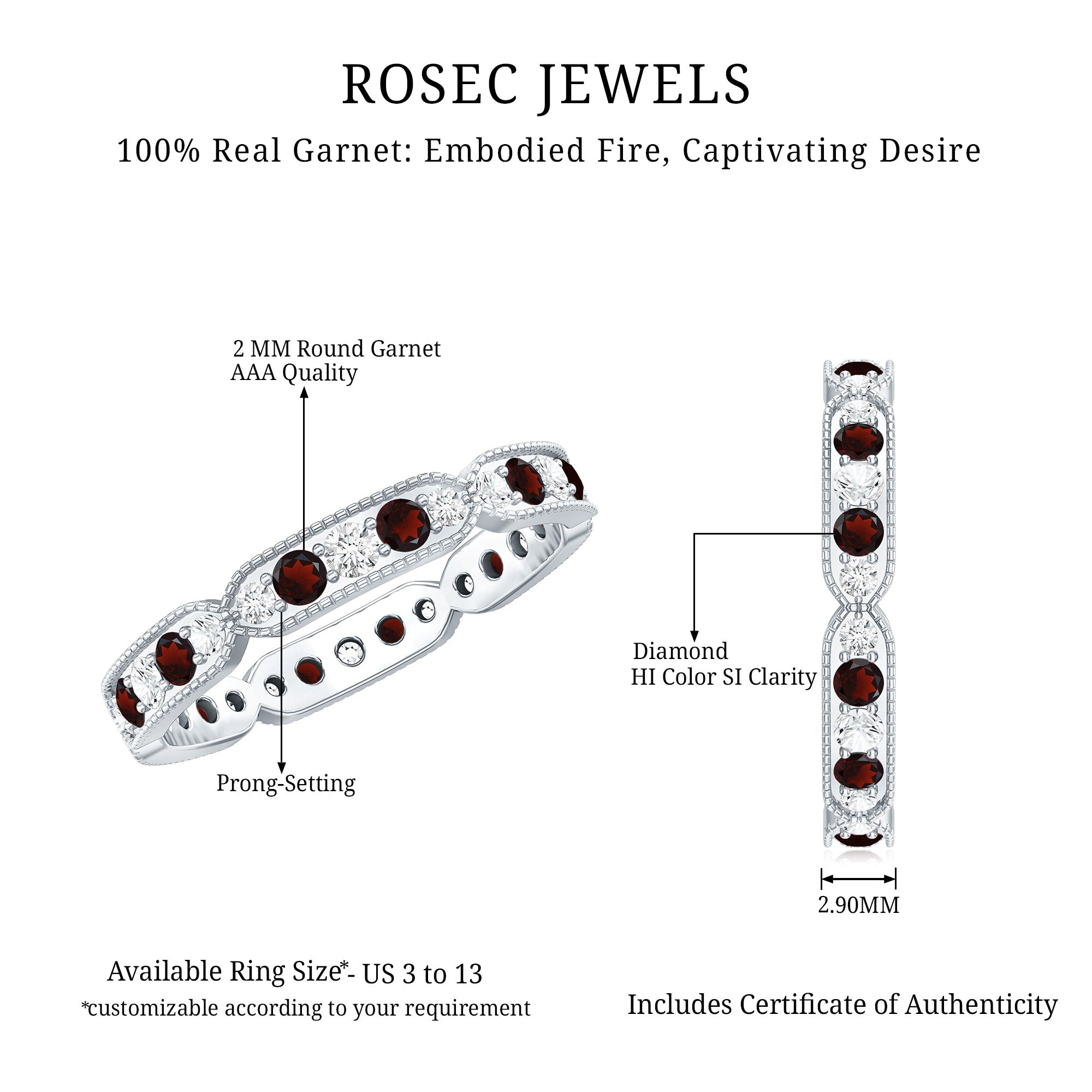 Vintage Inspired Garnet Eternity Ring with Diamond AAA - Rosec Jewels