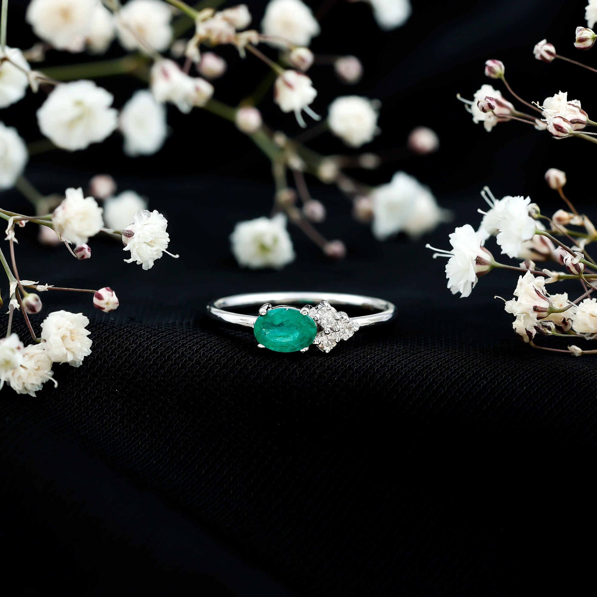 AAA Quality Oval Cut Emerald East West Promise Ring with Diamond Trio AAA - Rosec Jewels