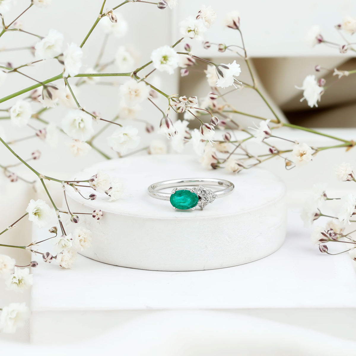 AAA Quality Oval Cut Emerald East West Promise Ring with Diamond Trio AAA - Rosec Jewels
