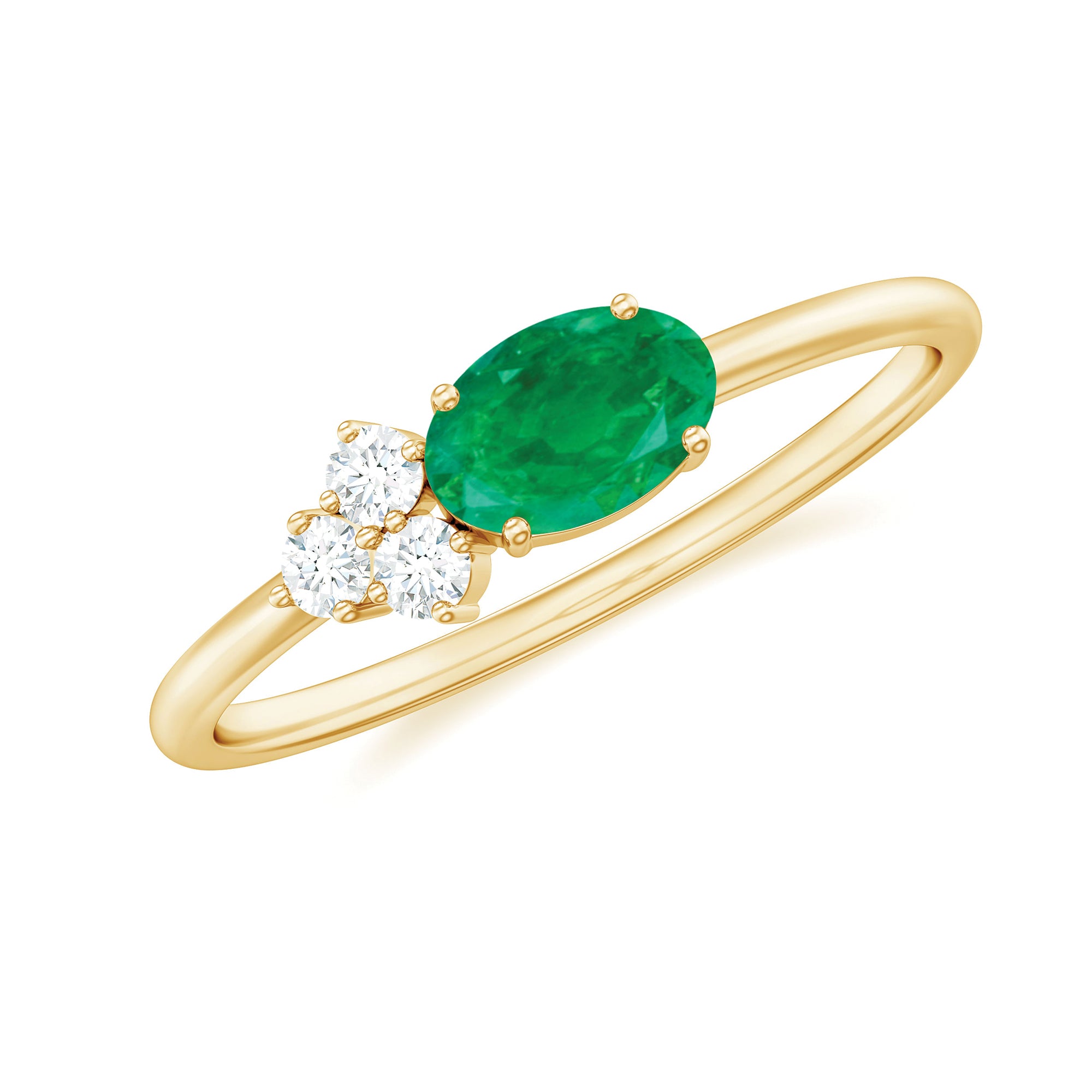 AAA Quality Oval Cut Emerald East West Promise Ring with Diamond Trio AAA - Rosec Jewels