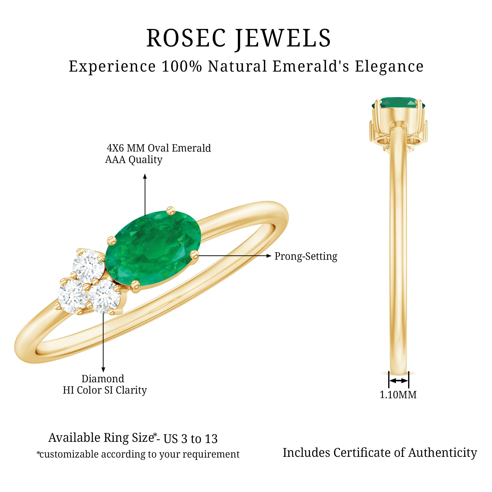 AAA Quality Oval Cut Emerald East West Promise Ring with Diamond Trio AAA - Rosec Jewels