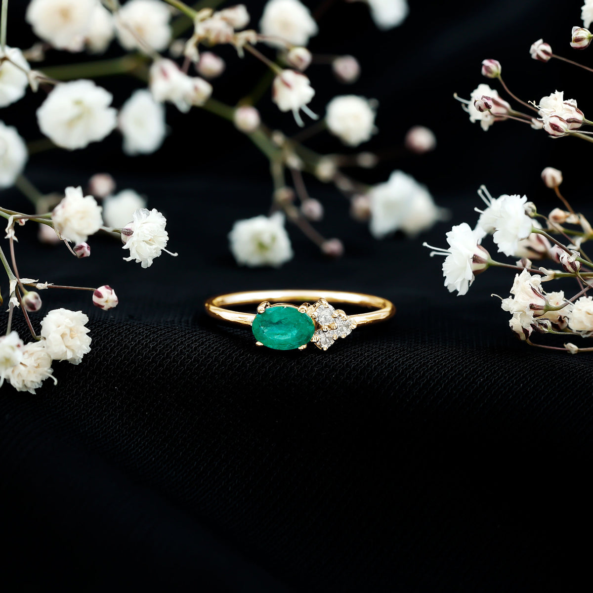 AAA Quality Oval Cut Emerald East West Promise Ring with Diamond Trio AAA - Rosec Jewels