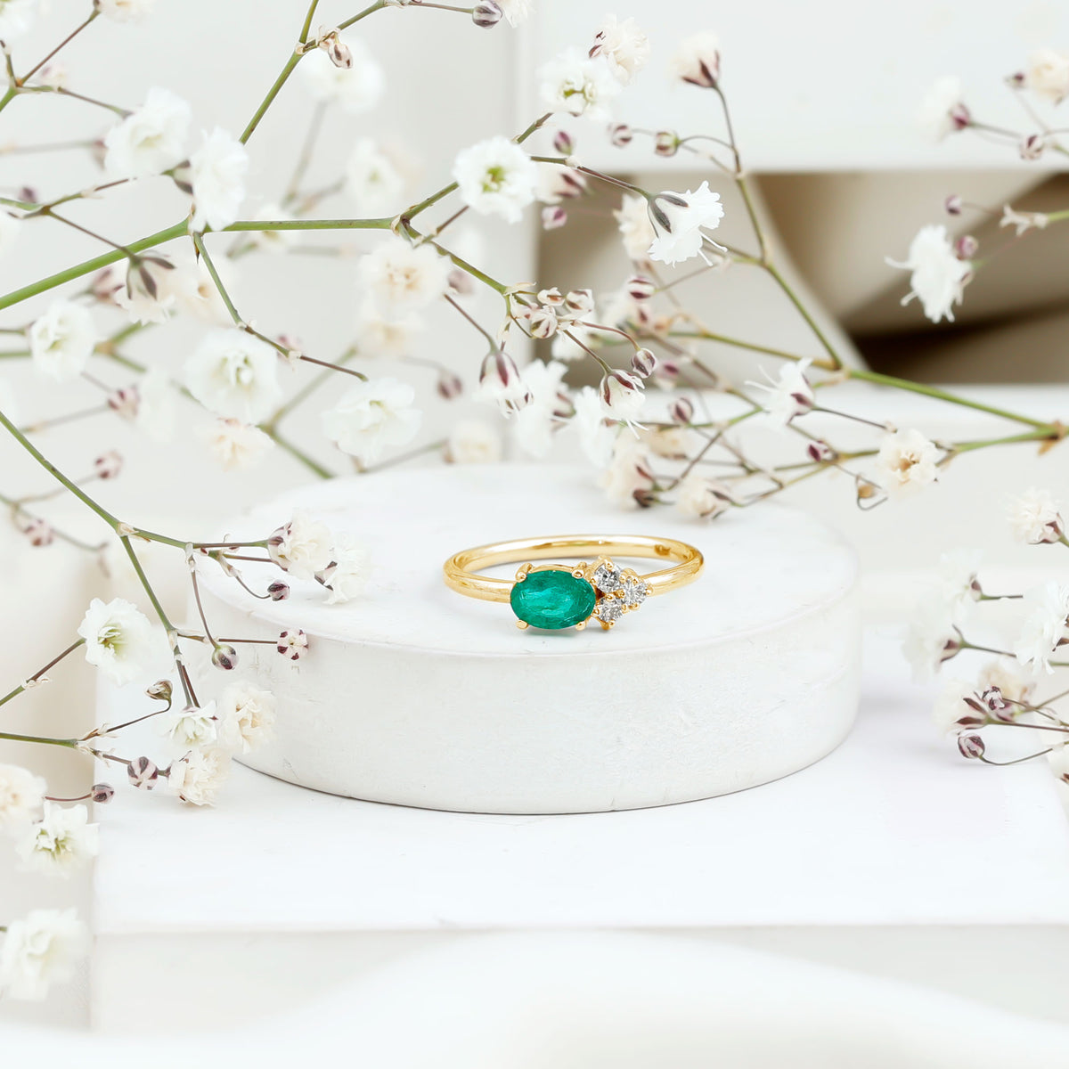 AAA Quality Oval Cut Emerald East West Promise Ring with Diamond Trio AAA - Rosec Jewels
