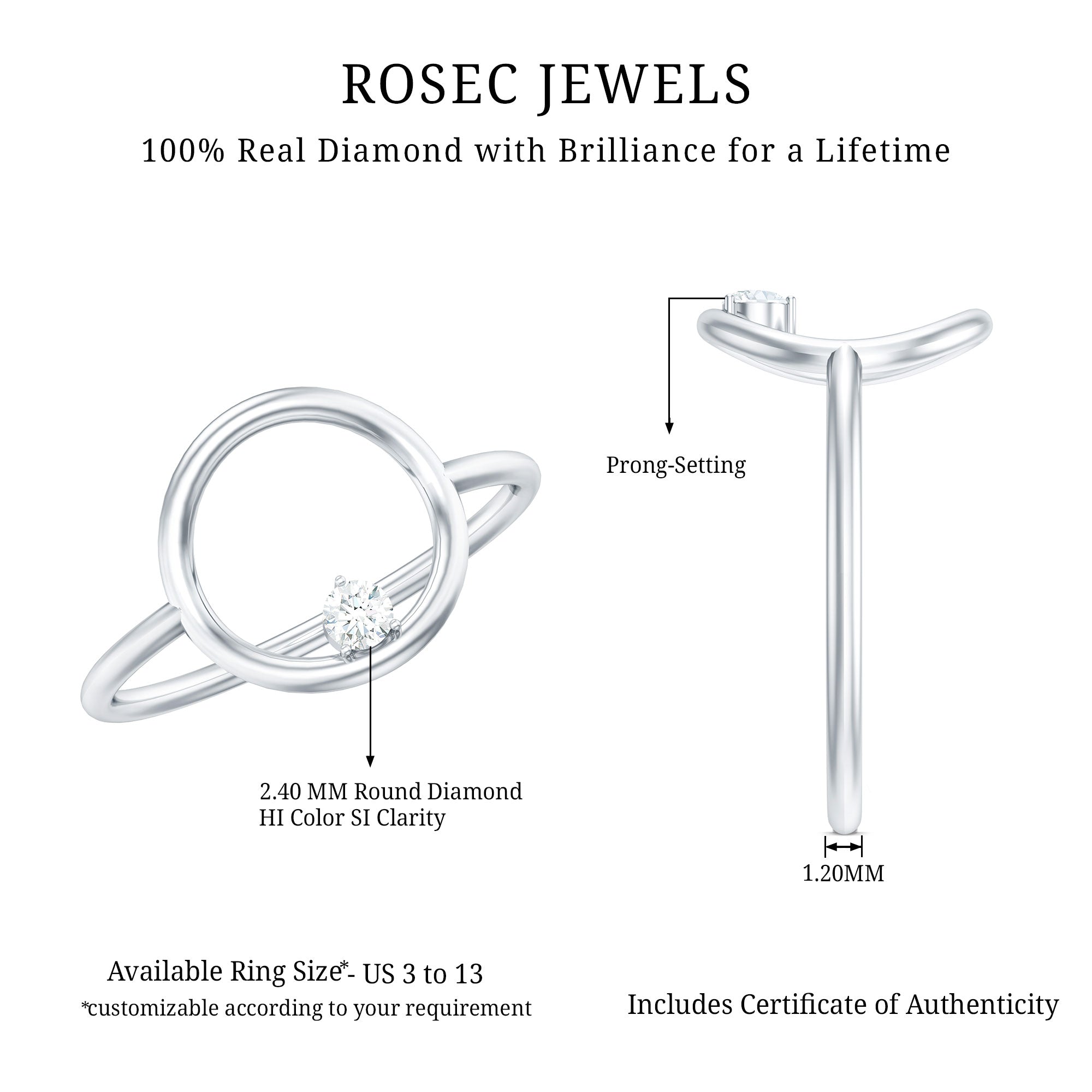 Certified Diamond Open Circle Ring for Women Natural - ( HI-SI ) - Rosec Jewels
