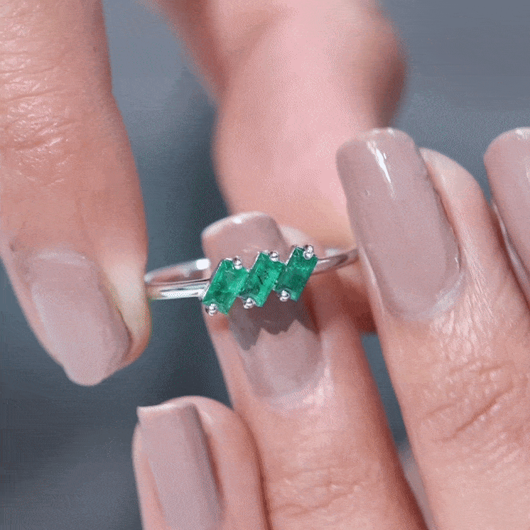Baguette Cut Real Emerald Three Stone Promise Ring AAA - Rosec Jewels