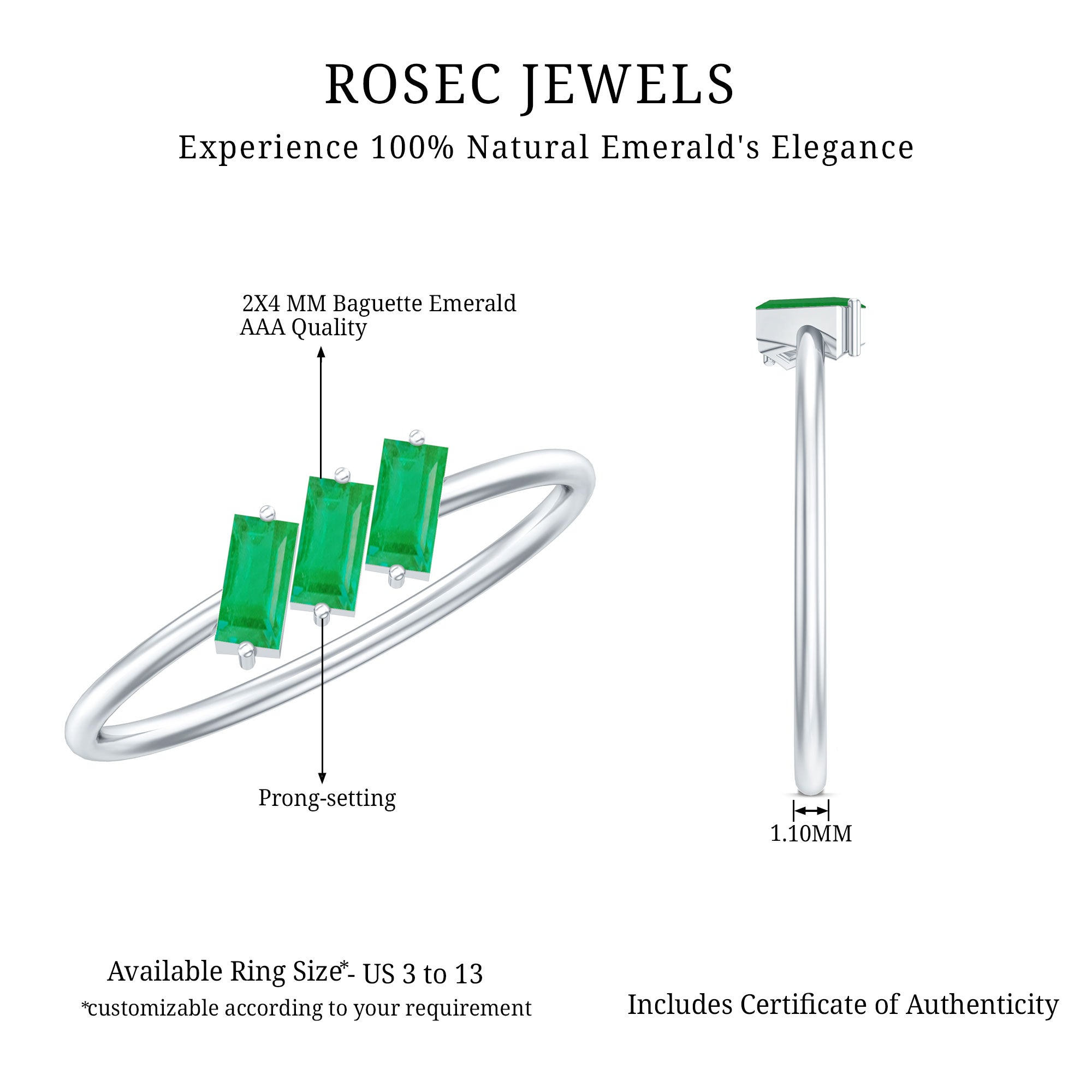 Baguette Cut Real Emerald Three Stone Promise Ring AAA - Rosec Jewels