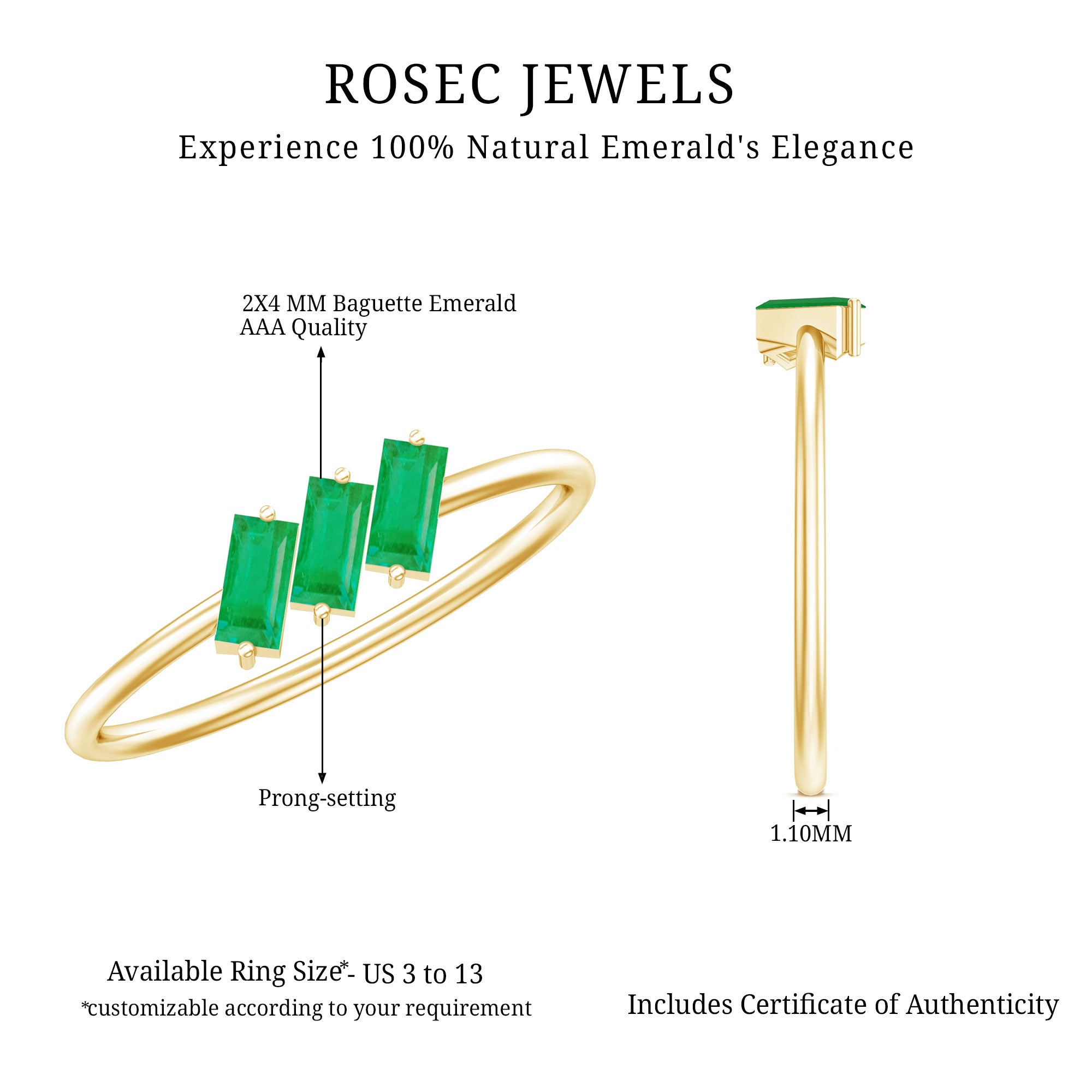 Baguette Cut Real Emerald Three Stone Promise Ring AAA - Rosec Jewels