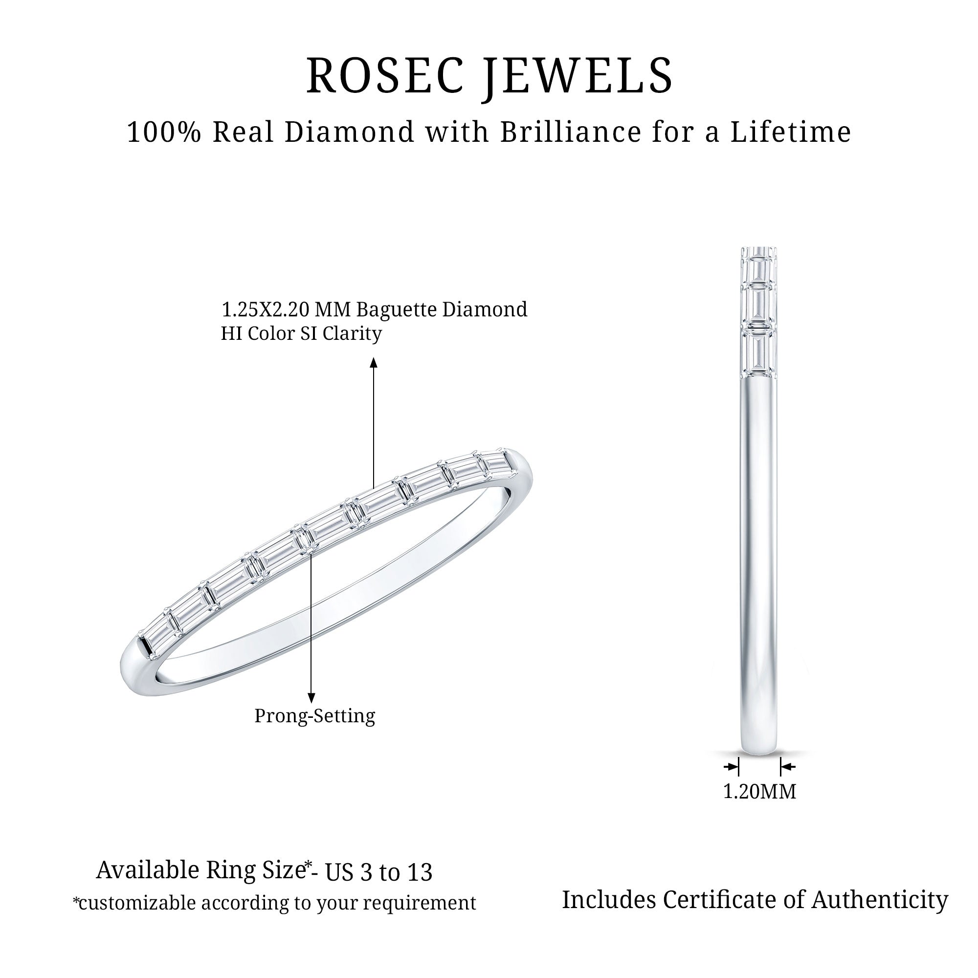 Baguette Diamond East West Stackable Ring Natural - ( HI-SI ) - Rosec Jewels