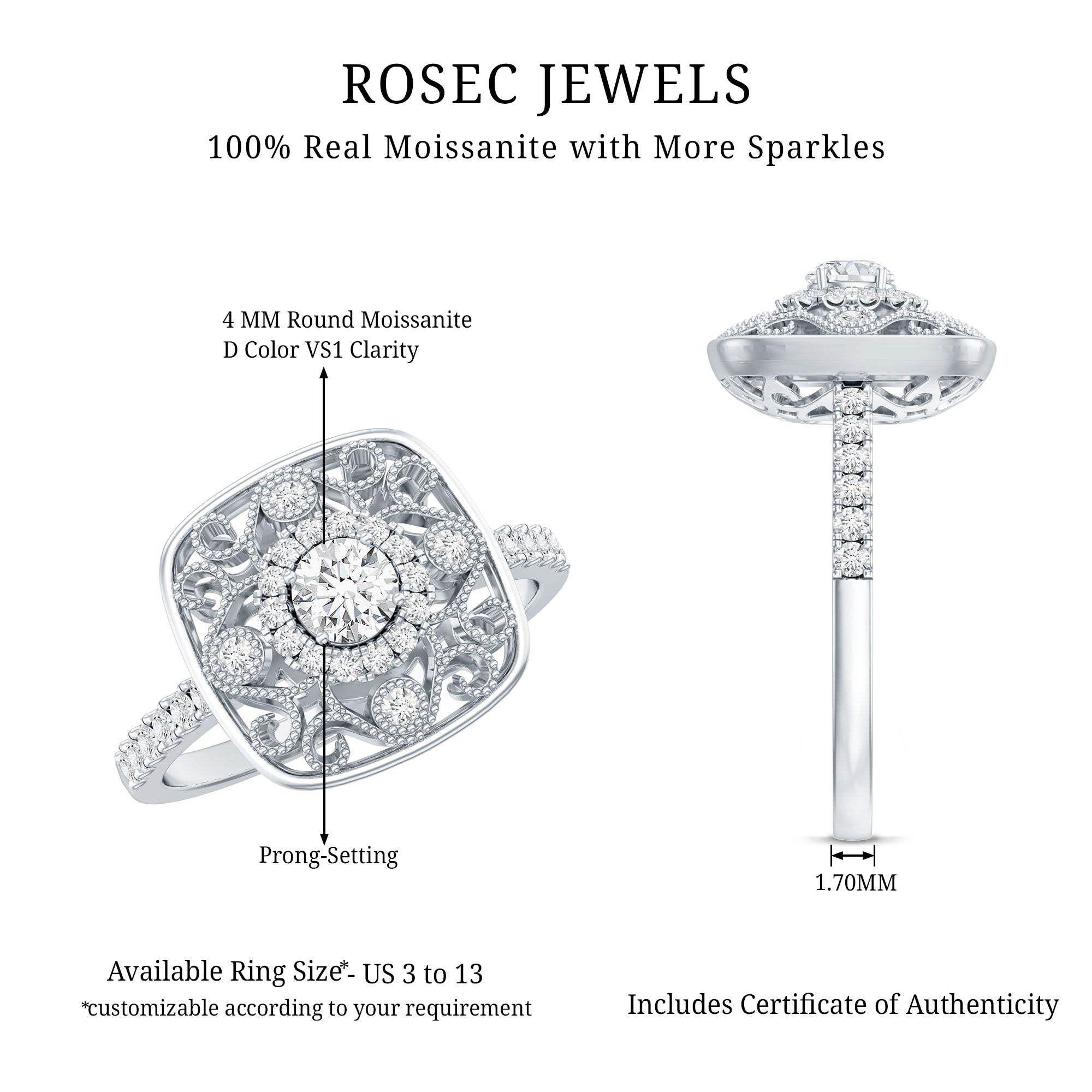 Rosec Jewels-Moissanite Statement Engagement Ring with Milgrain Detailing