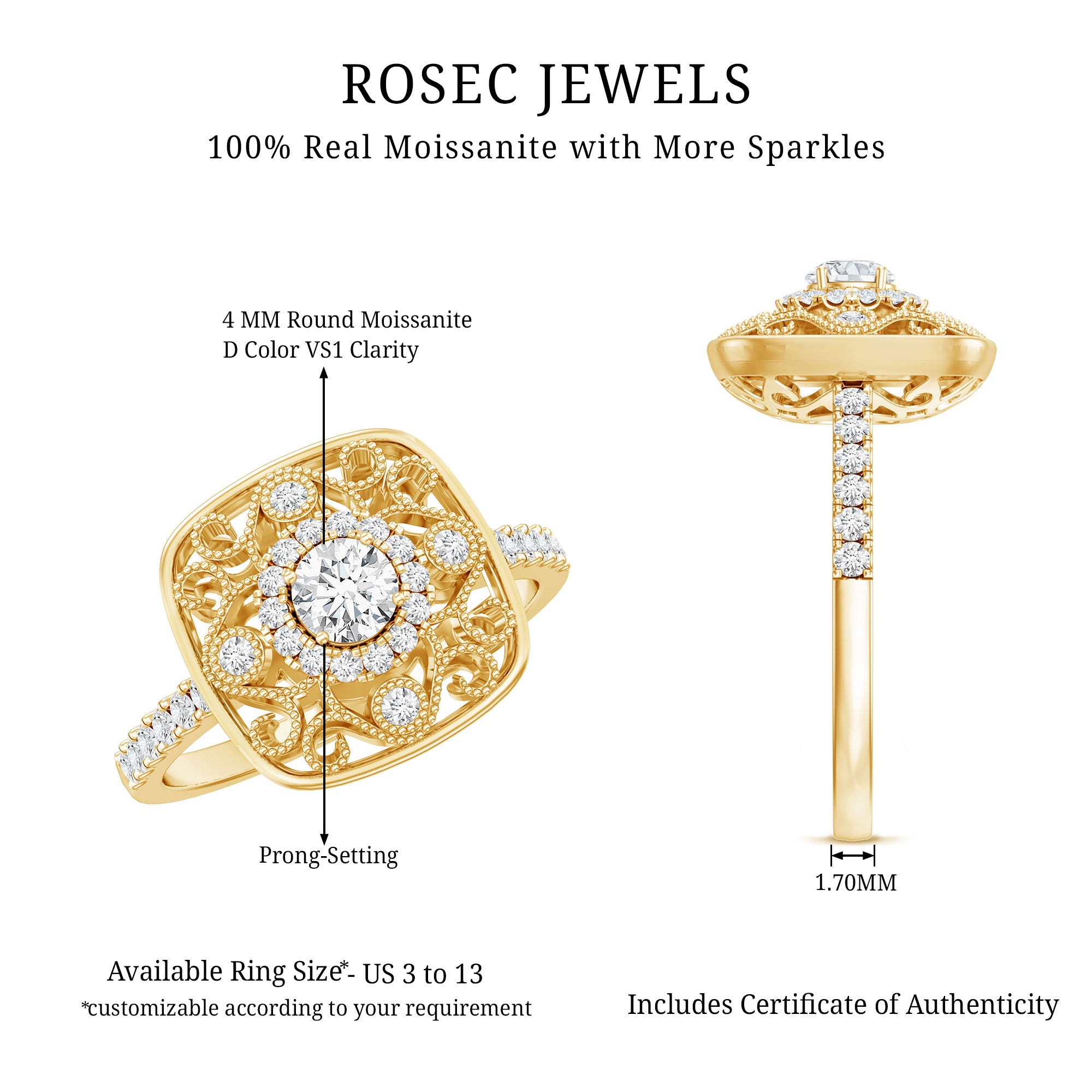 Rosec Jewels-Moissanite Statement Engagement Ring with Milgrain Detailing