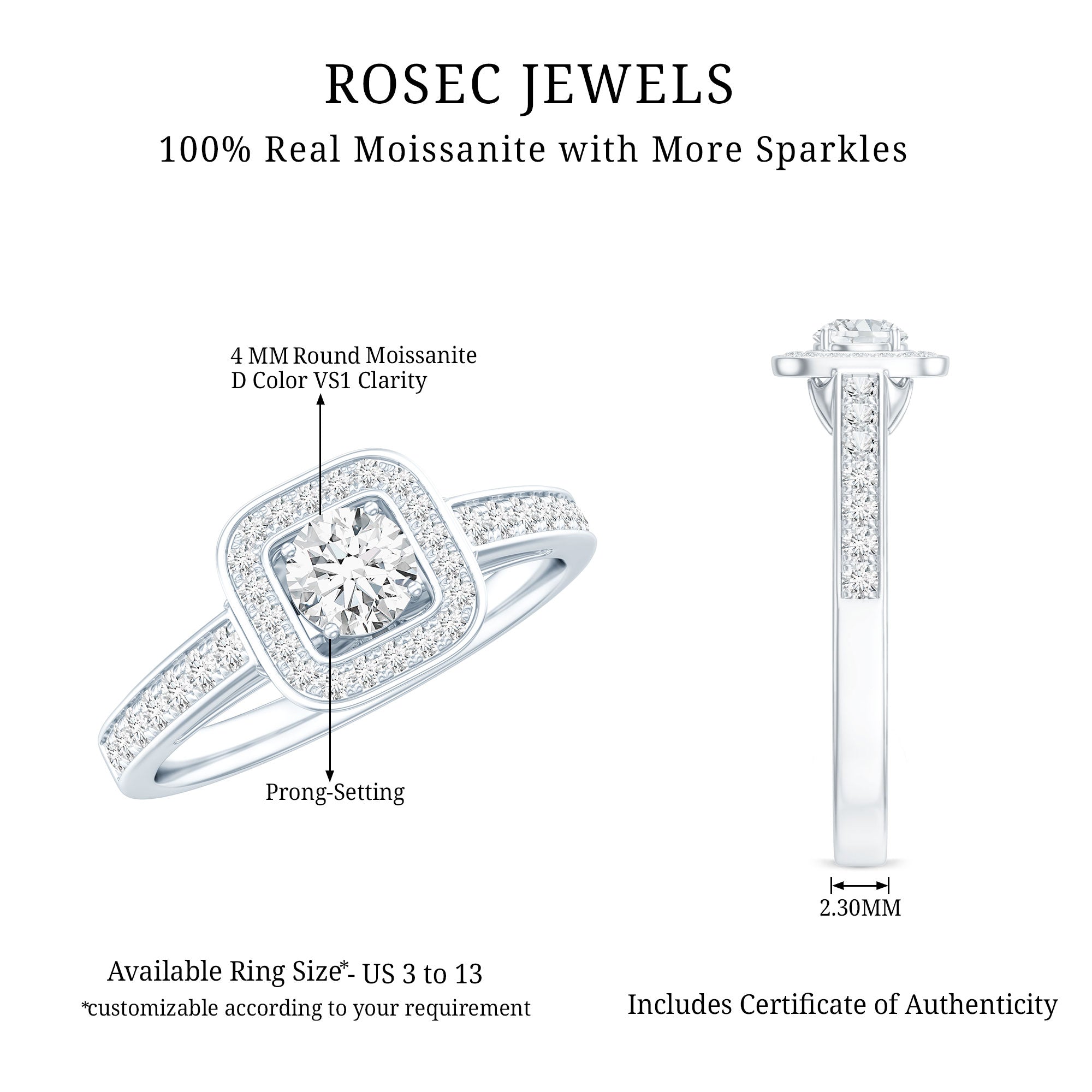 Rosec Jewels-Moissanite Round Halo Engagement Ring with Certificate