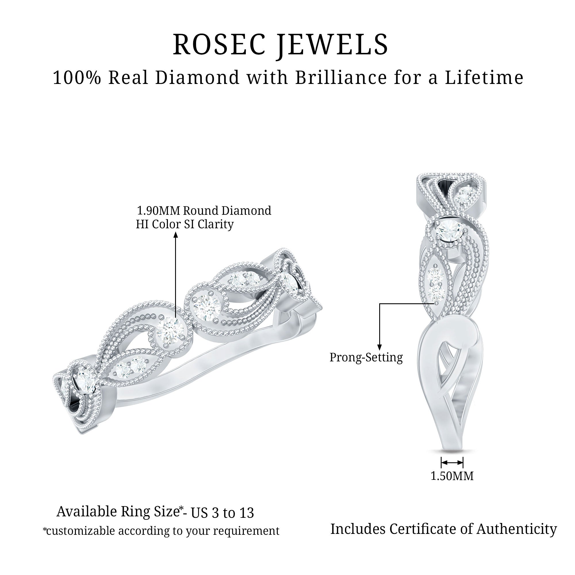 Diamond Band Ring with Milgrain Details Natural - ( HI-SI ) - Rosec Jewels