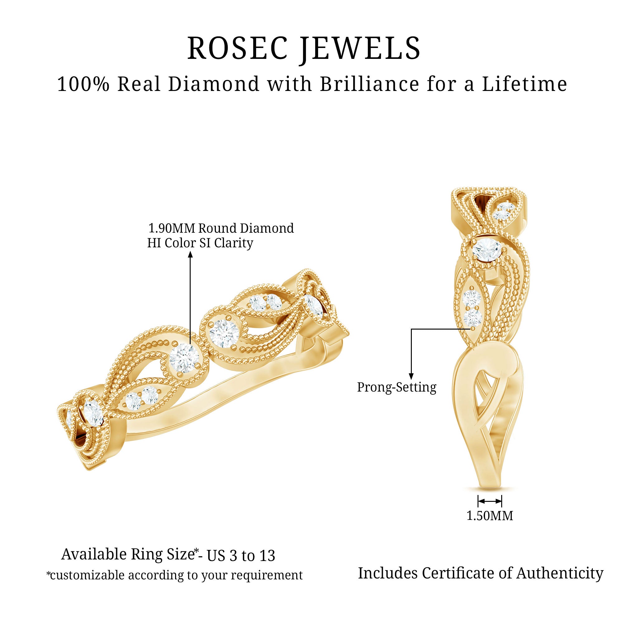 Diamond Band Ring with Milgrain Details Natural - ( HI-SI ) - Rosec Jewels