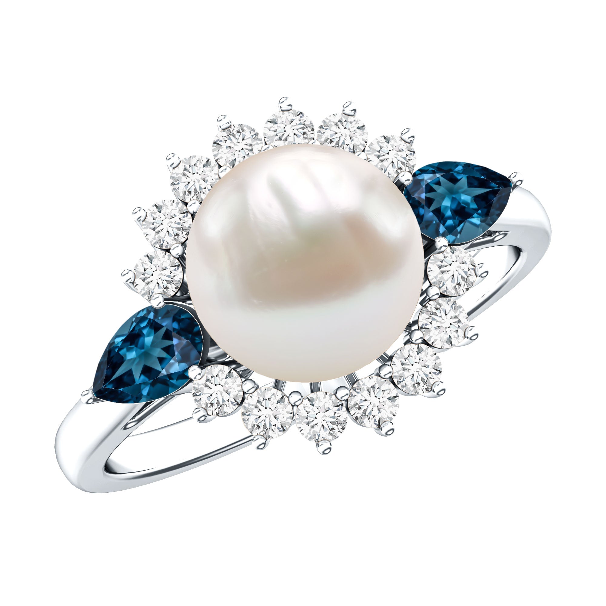 8MM Freshwater Cultured Pearl Designer Engagement Ring with Blue Topaz AAA - Rosec Jewels