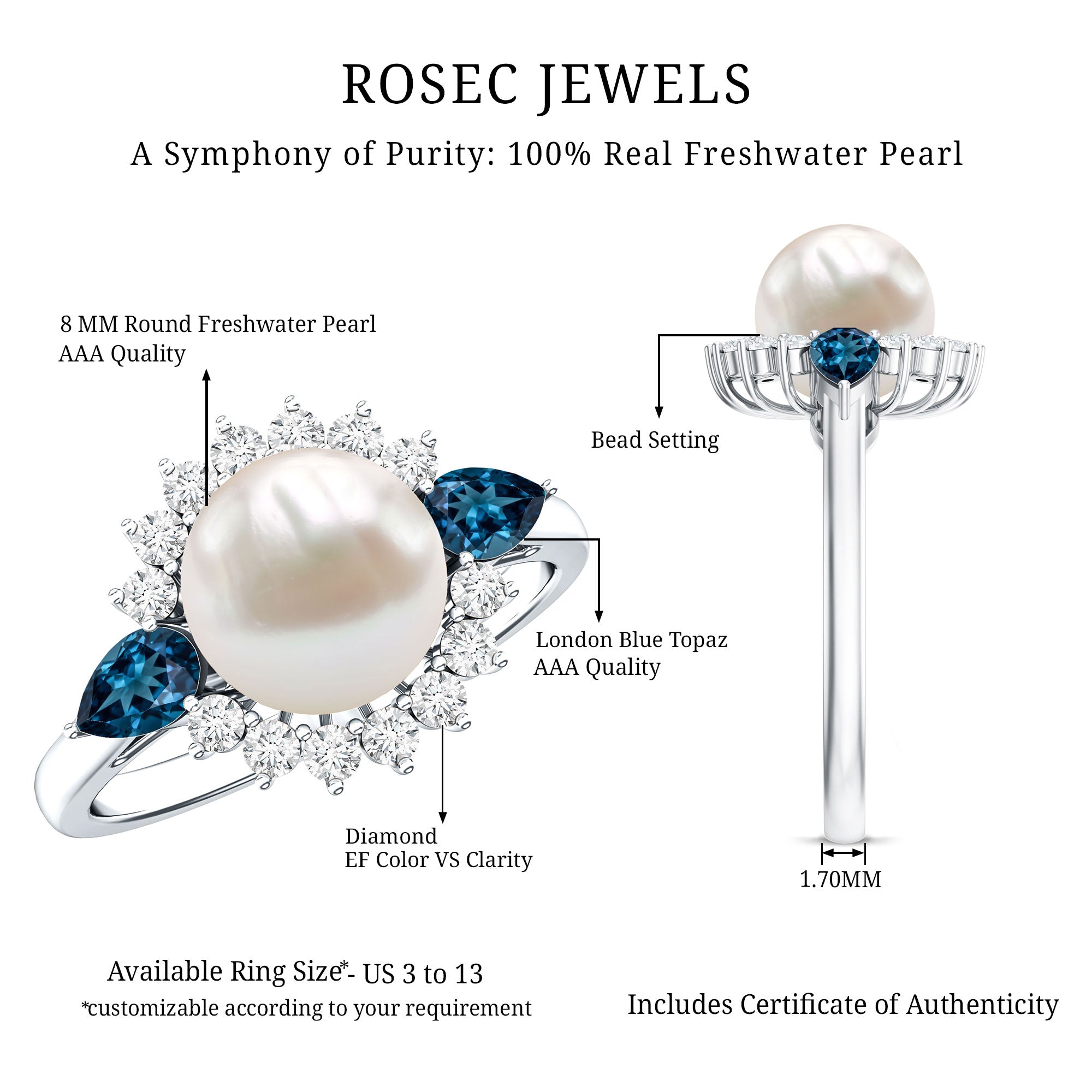 8MM Freshwater Cultured Pearl Designer Engagement Ring with Blue Topaz AAA - Rosec Jewels
