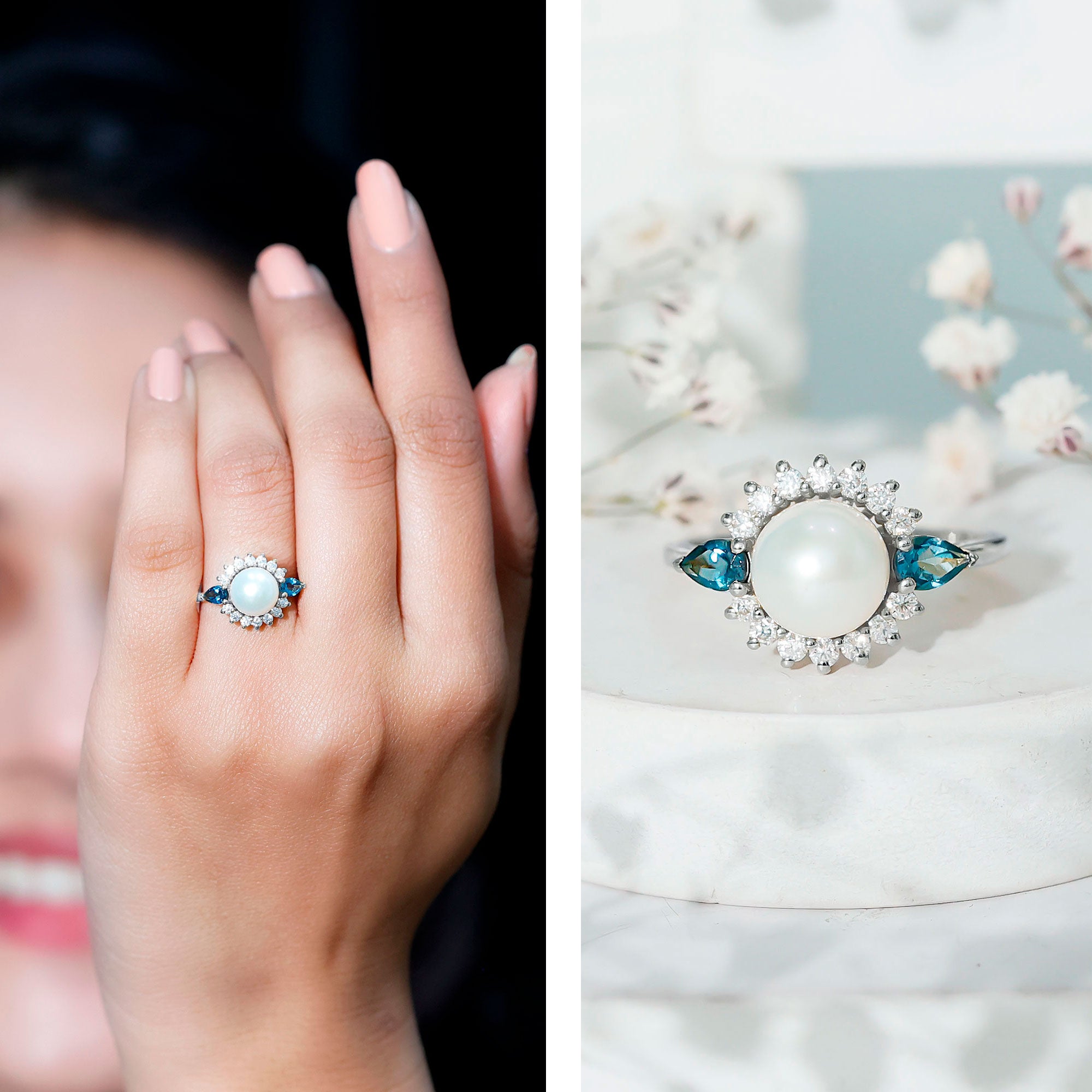 8MM Freshwater Cultured Pearl Designer Engagement Ring with Blue Topaz AAA - Rosec Jewels