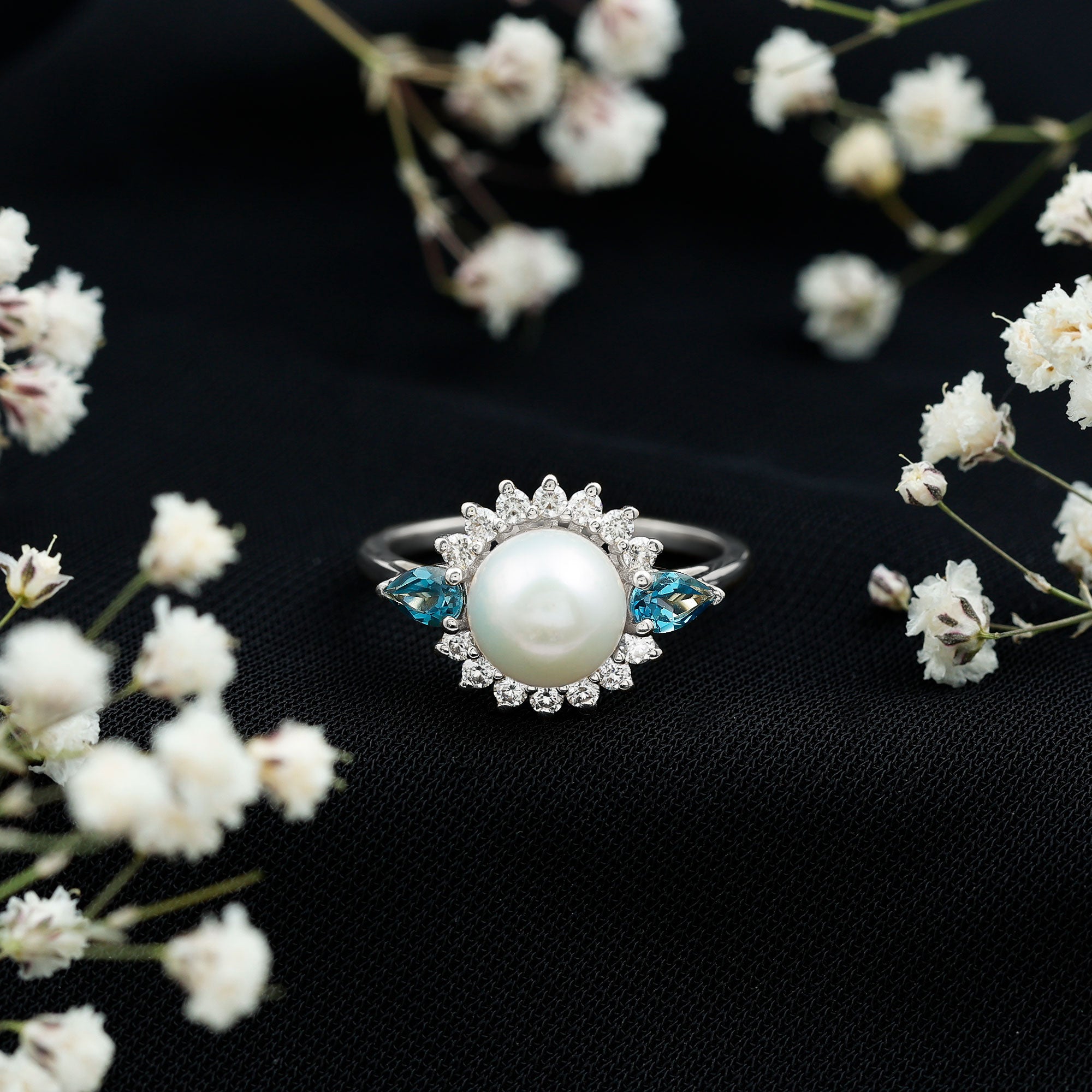 8MM Freshwater Cultured Pearl Designer Engagement Ring with Blue Topaz AAA - Rosec Jewels