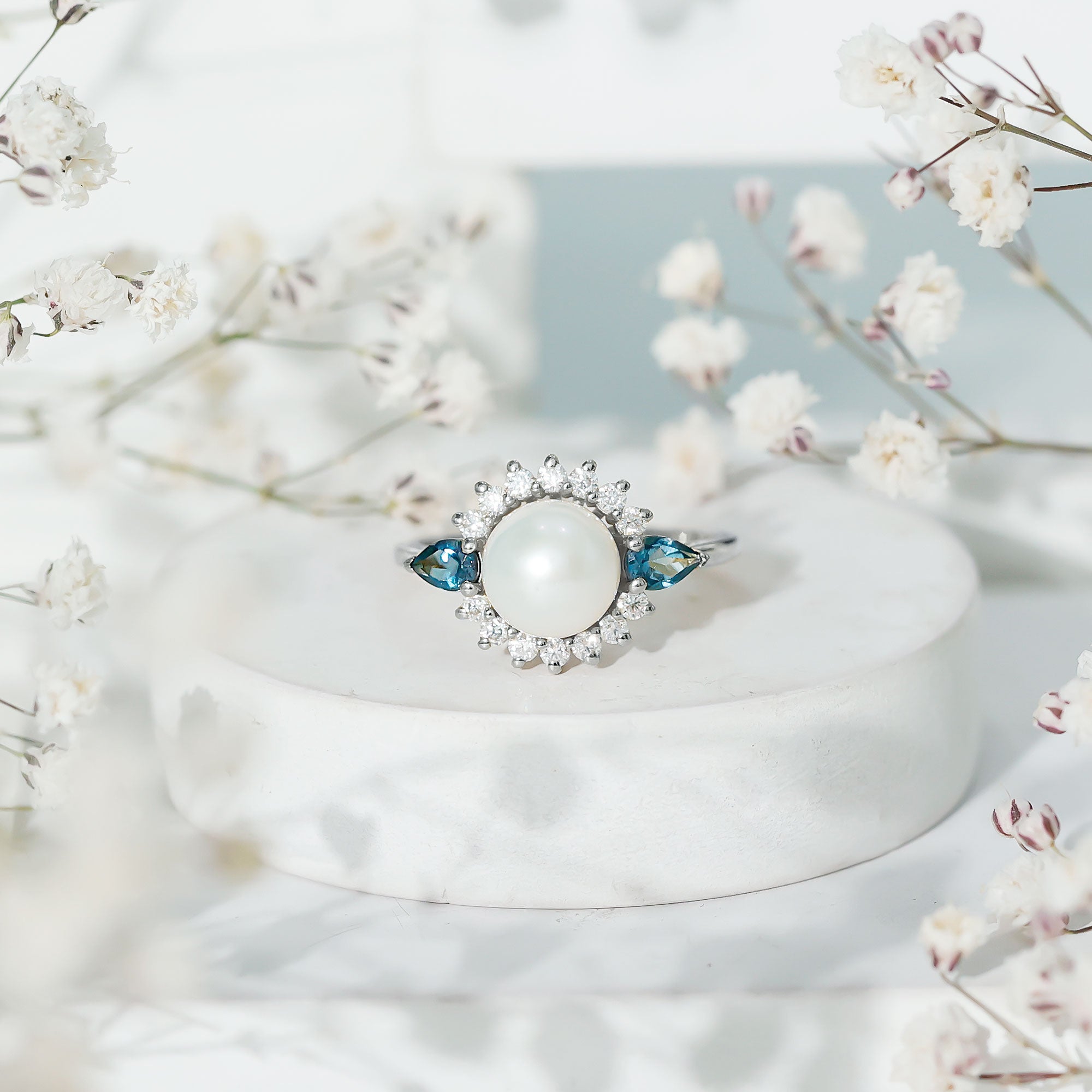 8MM Freshwater Cultured Pearl Designer Engagement Ring with Blue Topaz AAA - Rosec Jewels