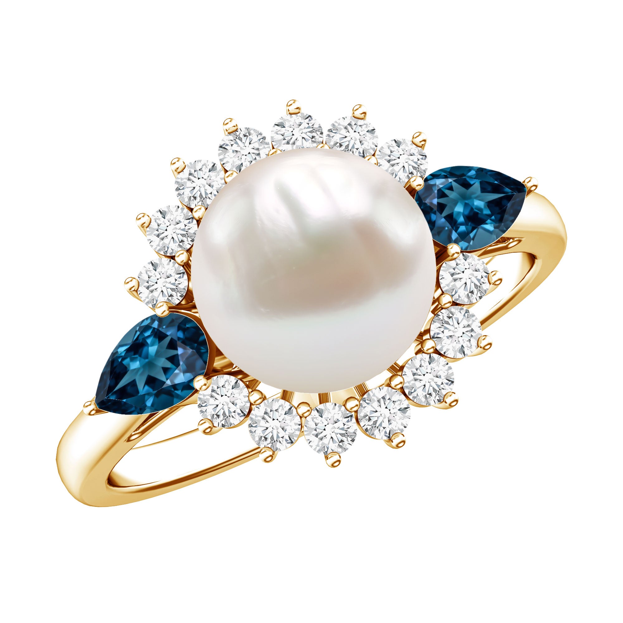 8MM Freshwater Cultured Pearl Designer Engagement Ring with Blue Topaz AAA - Rosec Jewels