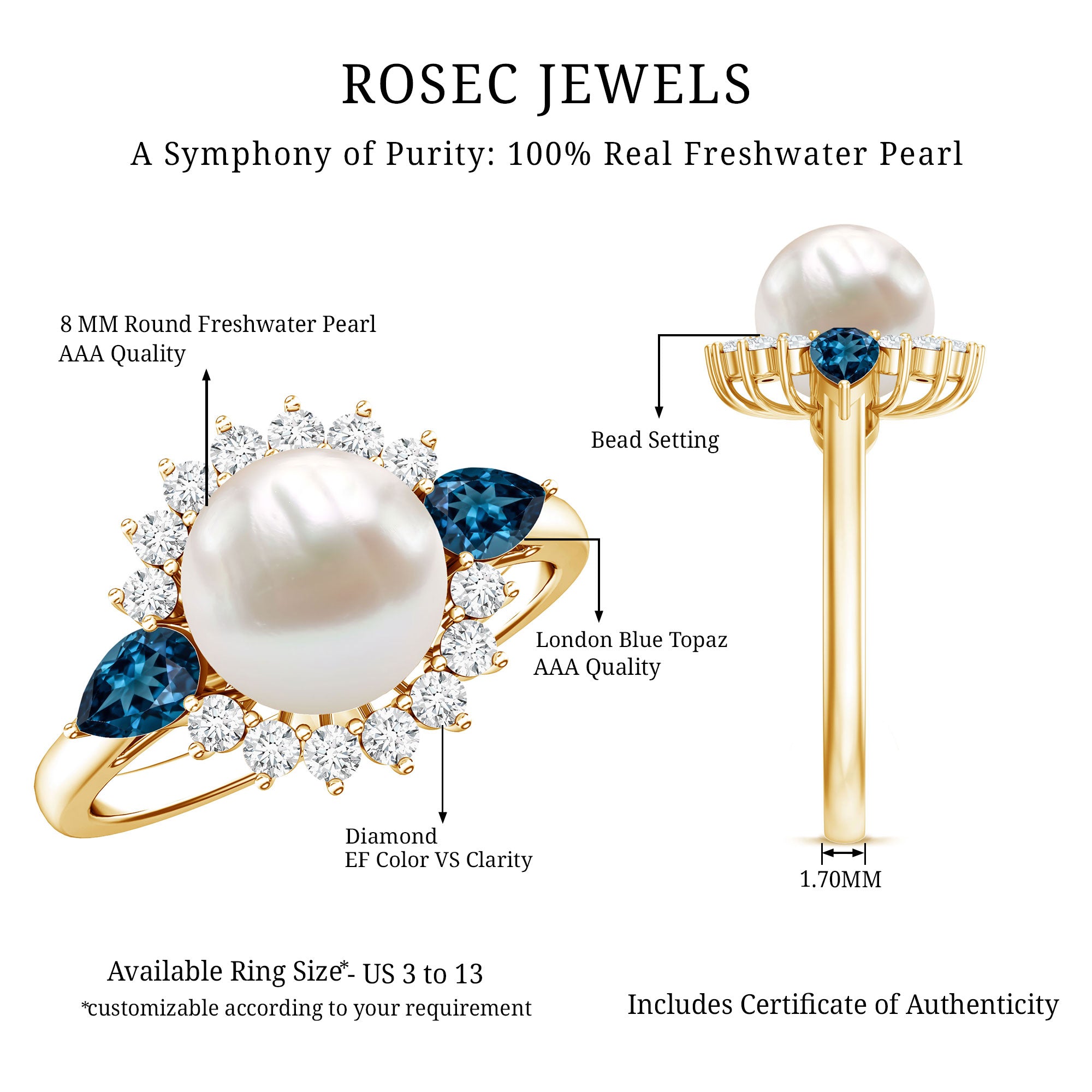 8MM Freshwater Cultured Pearl Designer Engagement Ring with Blue Topaz AAA - Rosec Jewels