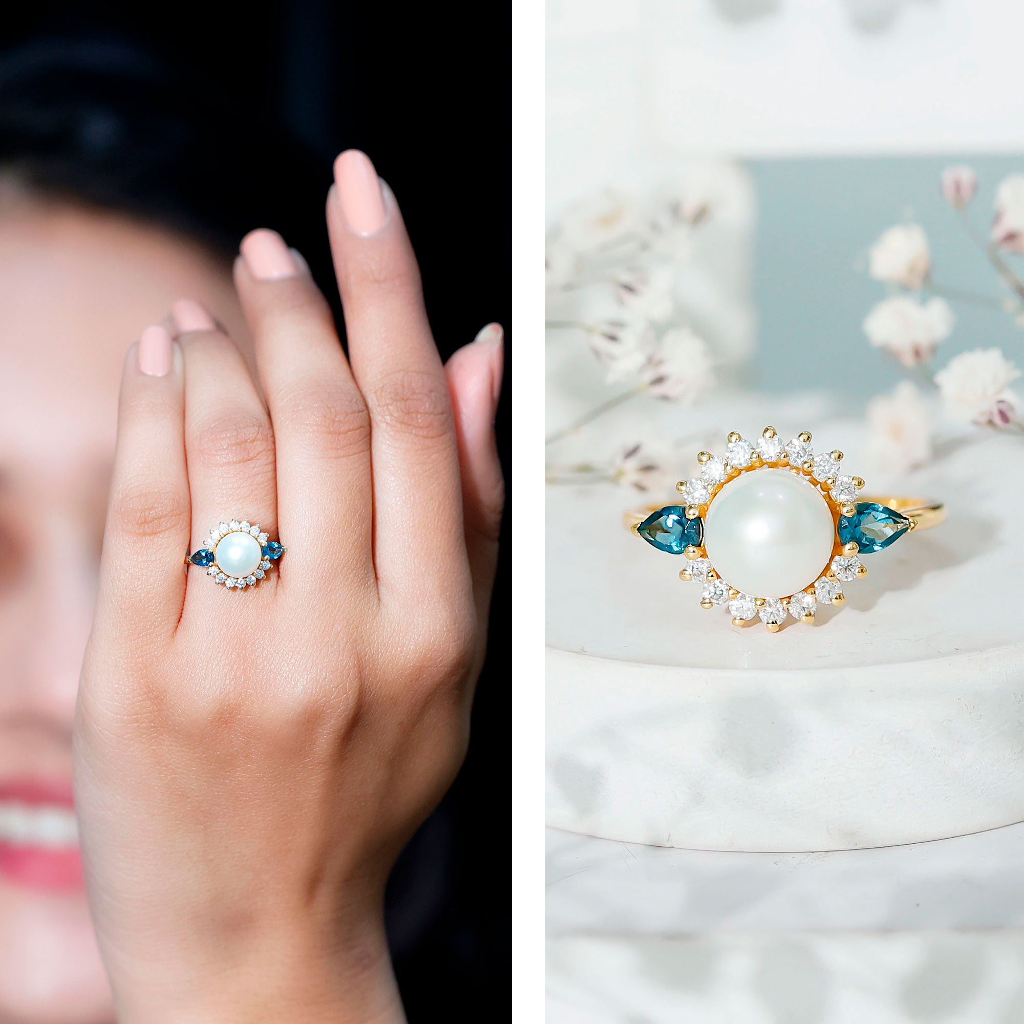 8MM Freshwater Cultured Pearl Designer Engagement Ring with Blue Topaz AAA - Rosec Jewels