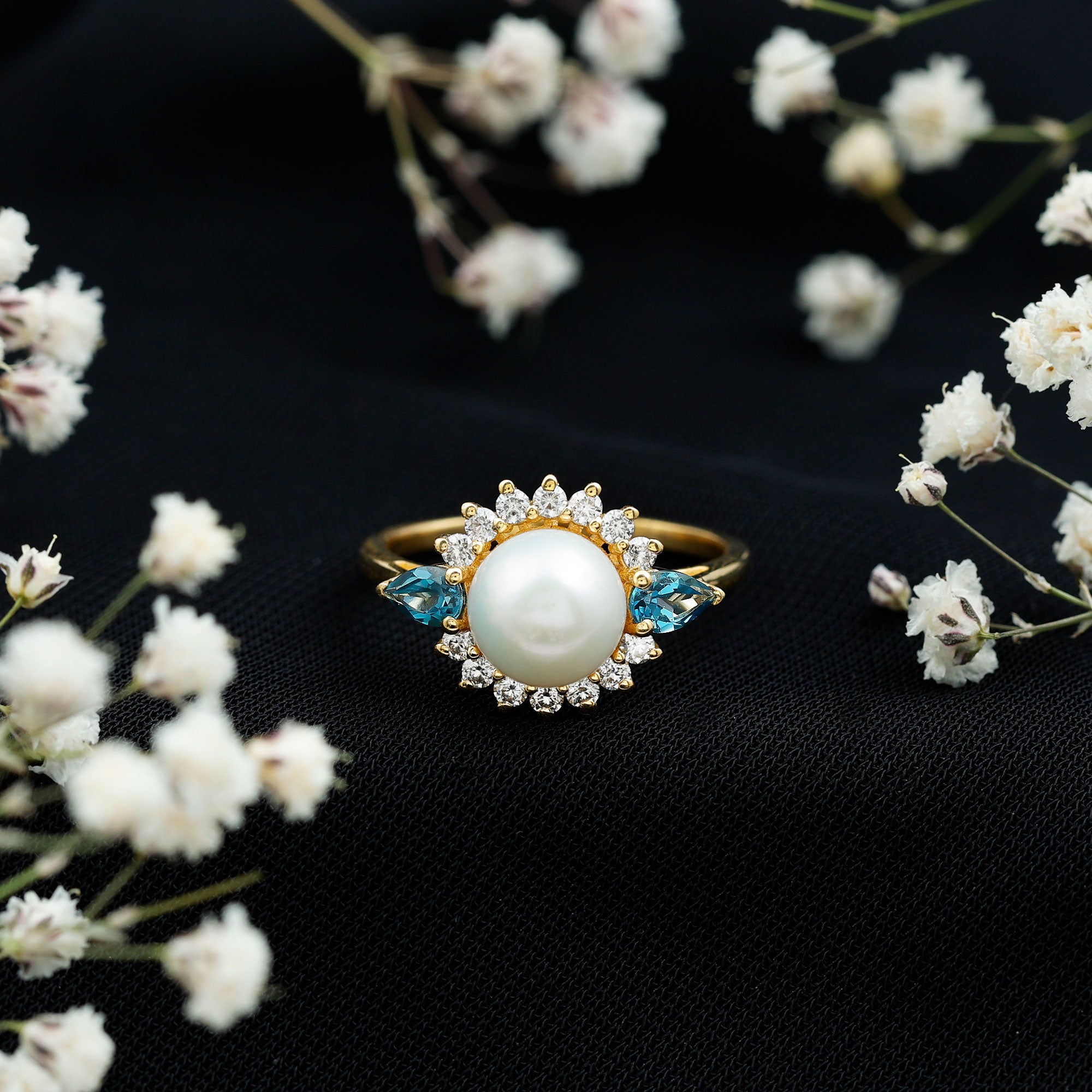 8MM Freshwater Cultured Pearl Designer Engagement Ring with Blue Topaz AAA - Rosec Jewels