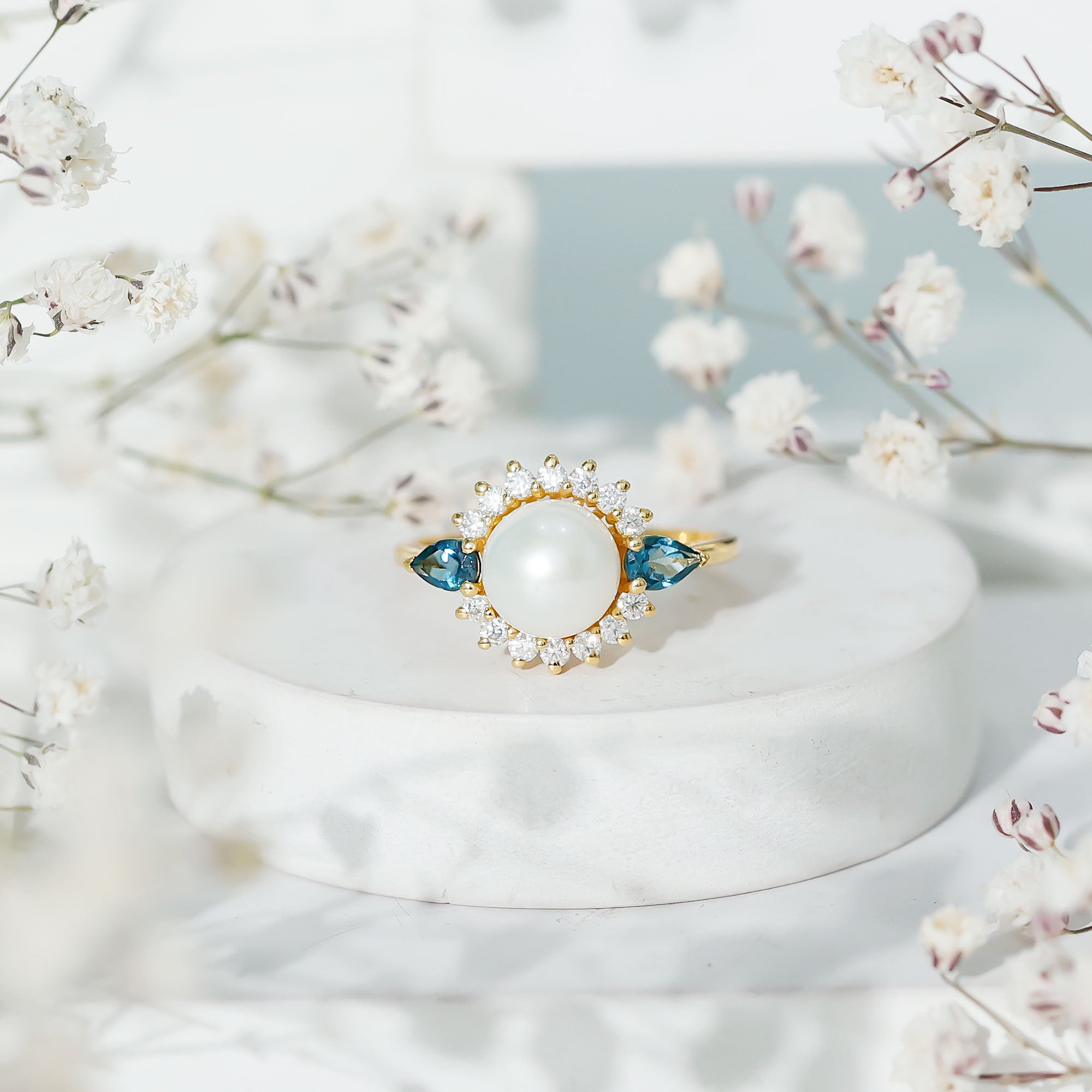 8MM Freshwater Cultured Pearl Designer Engagement Ring with Blue Topaz AAA - Rosec Jewels