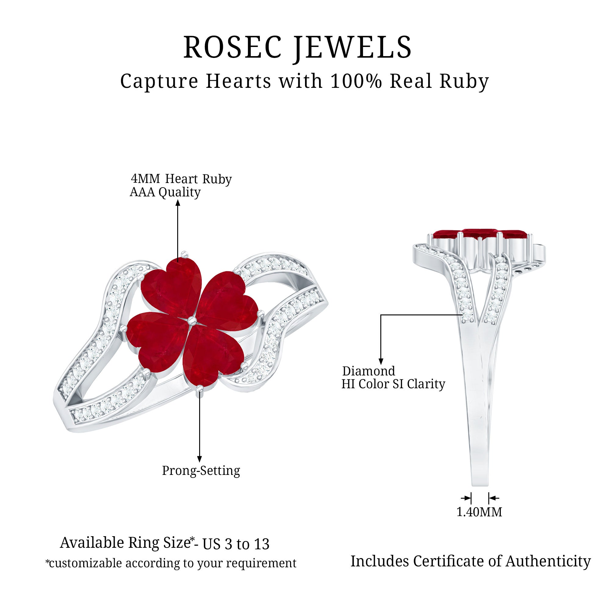 Real 1.8 Carat Ruby Flower Engagement Ring with Diamond Split Shank AAA - Rosec Jewels