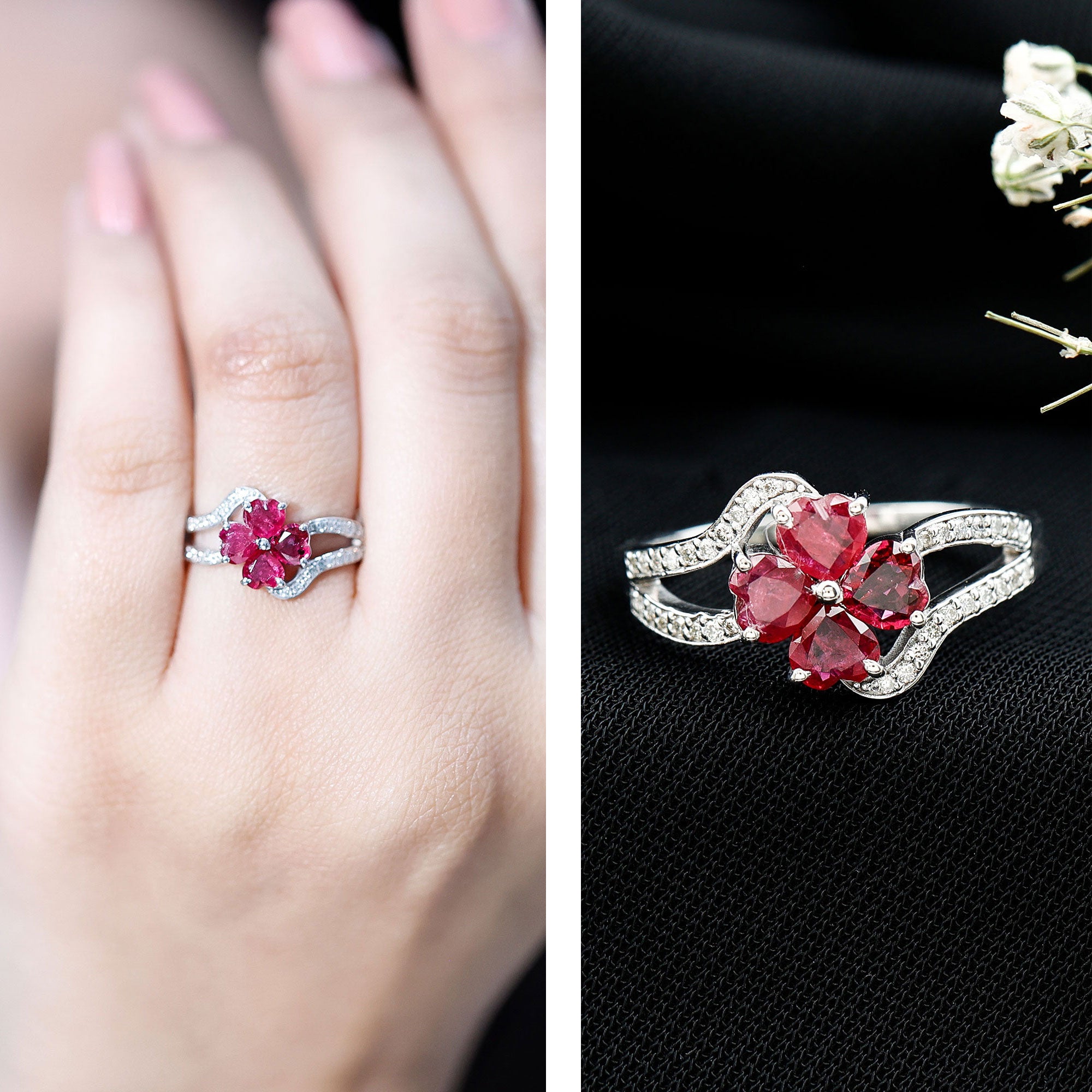 Real 1.8 Carat Ruby Flower Engagement Ring with Diamond Split Shank AAA - Rosec Jewels