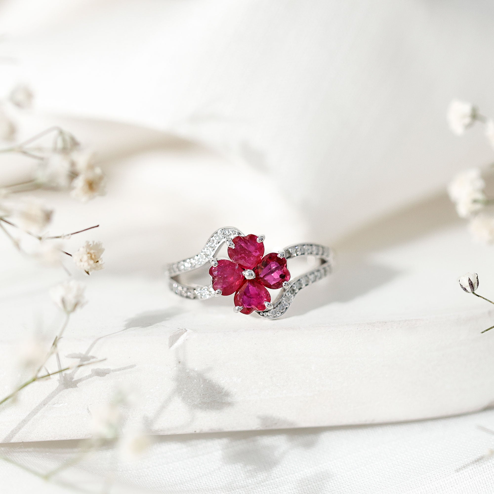 Real 1.8 Carat Ruby Flower Engagement Ring with Diamond Split Shank AAA - Rosec Jewels