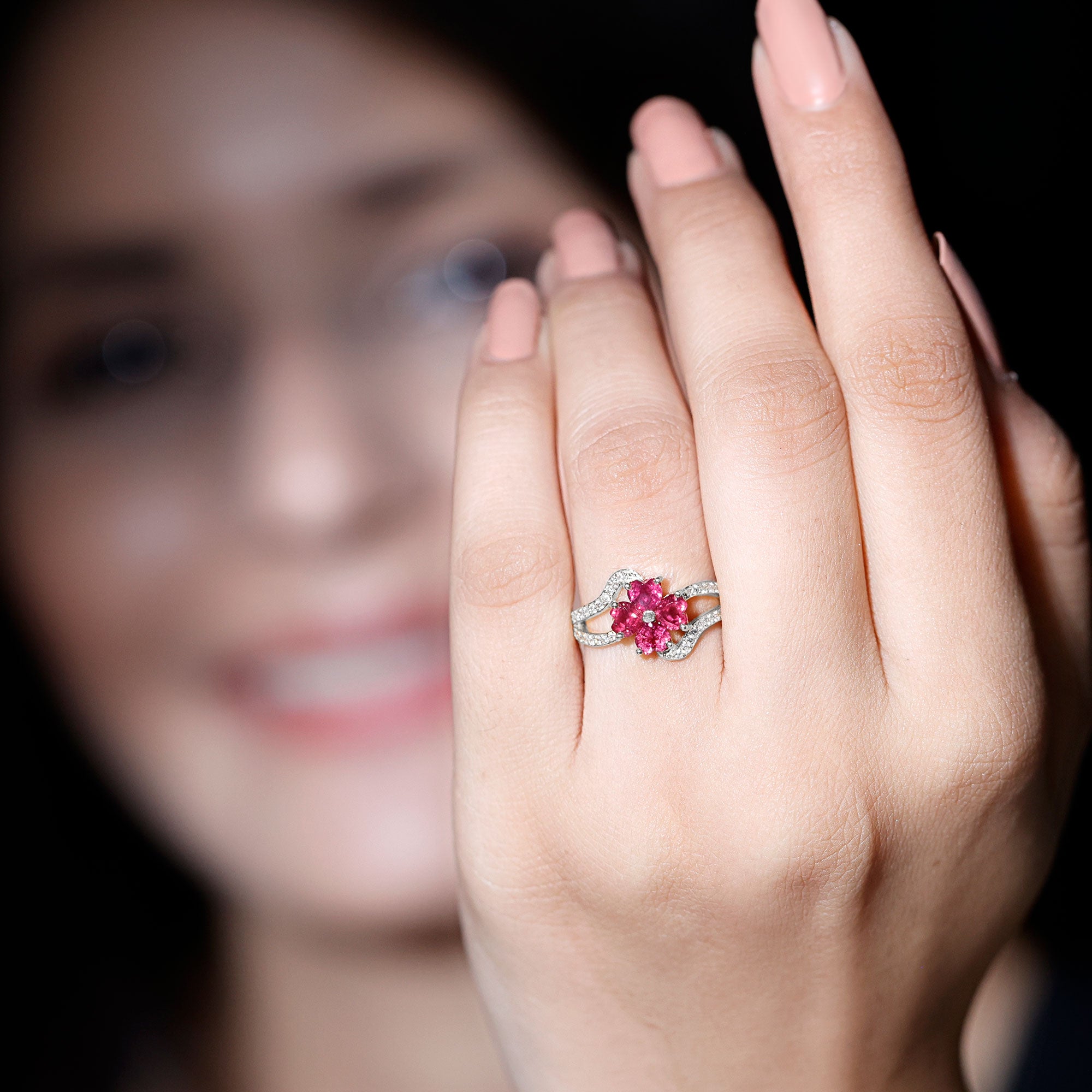 Real 1.8 Carat Ruby Flower Engagement Ring with Diamond Split Shank AAA - Rosec Jewels
