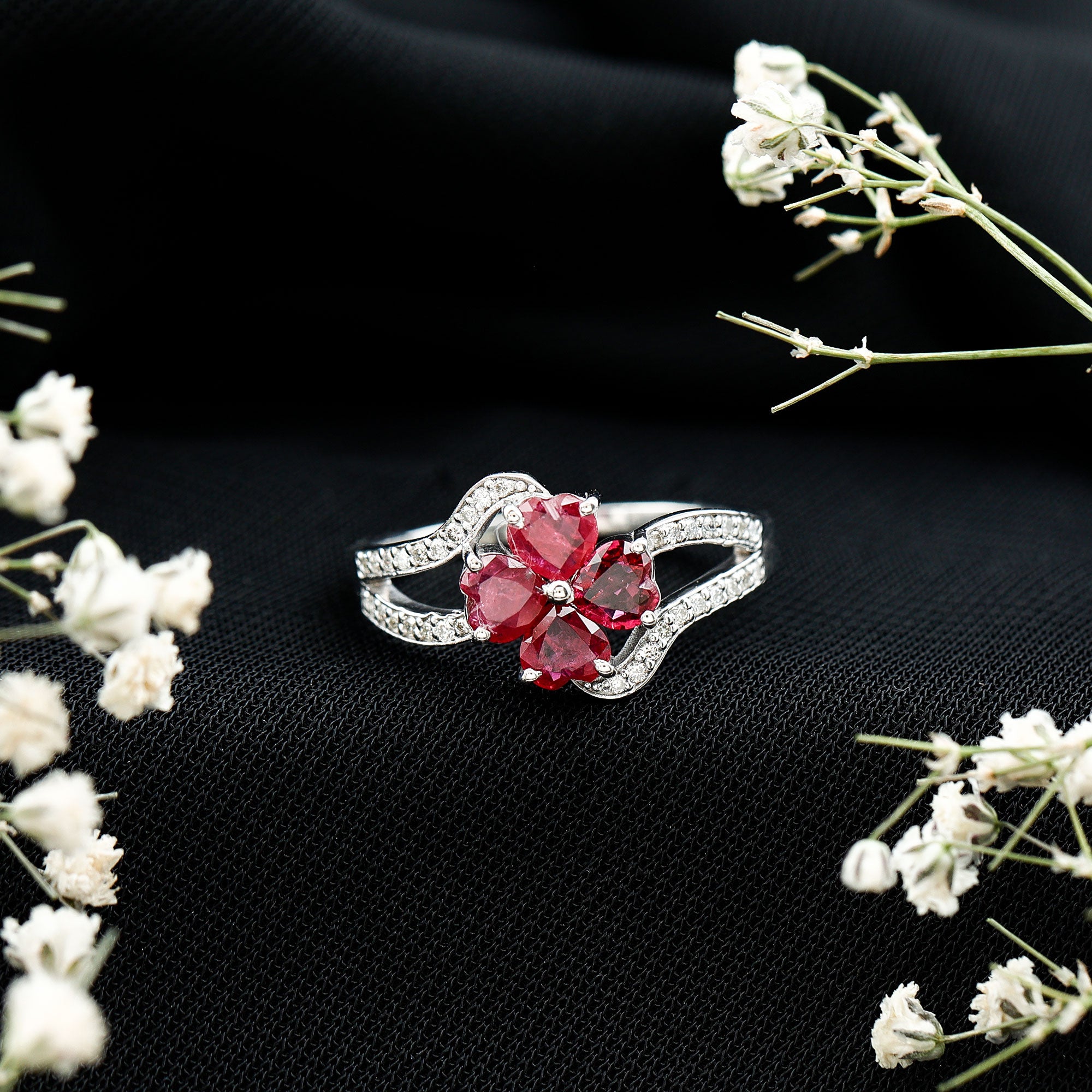 Real 1.8 Carat Ruby Flower Engagement Ring with Diamond Split Shank AAA - Rosec Jewels