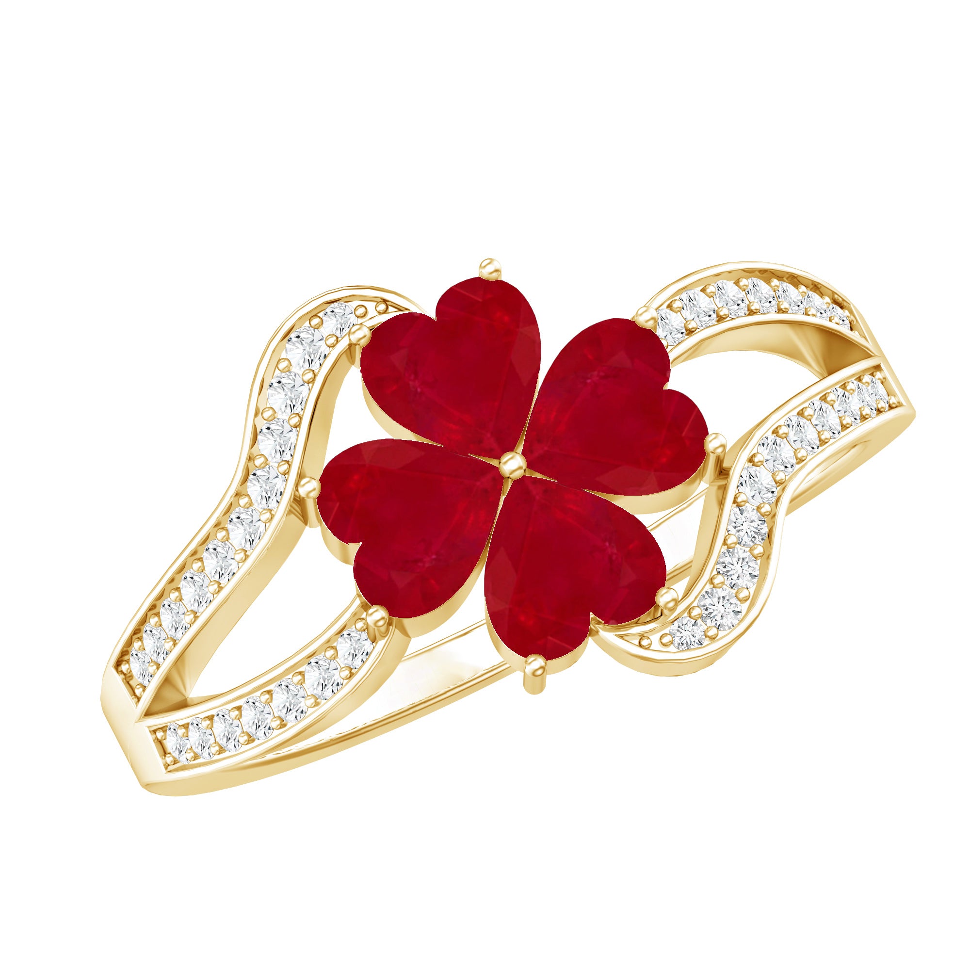 Real Ruby Flower Engagement Ring with Diamond Split Shank AAA - Rosec Jewels