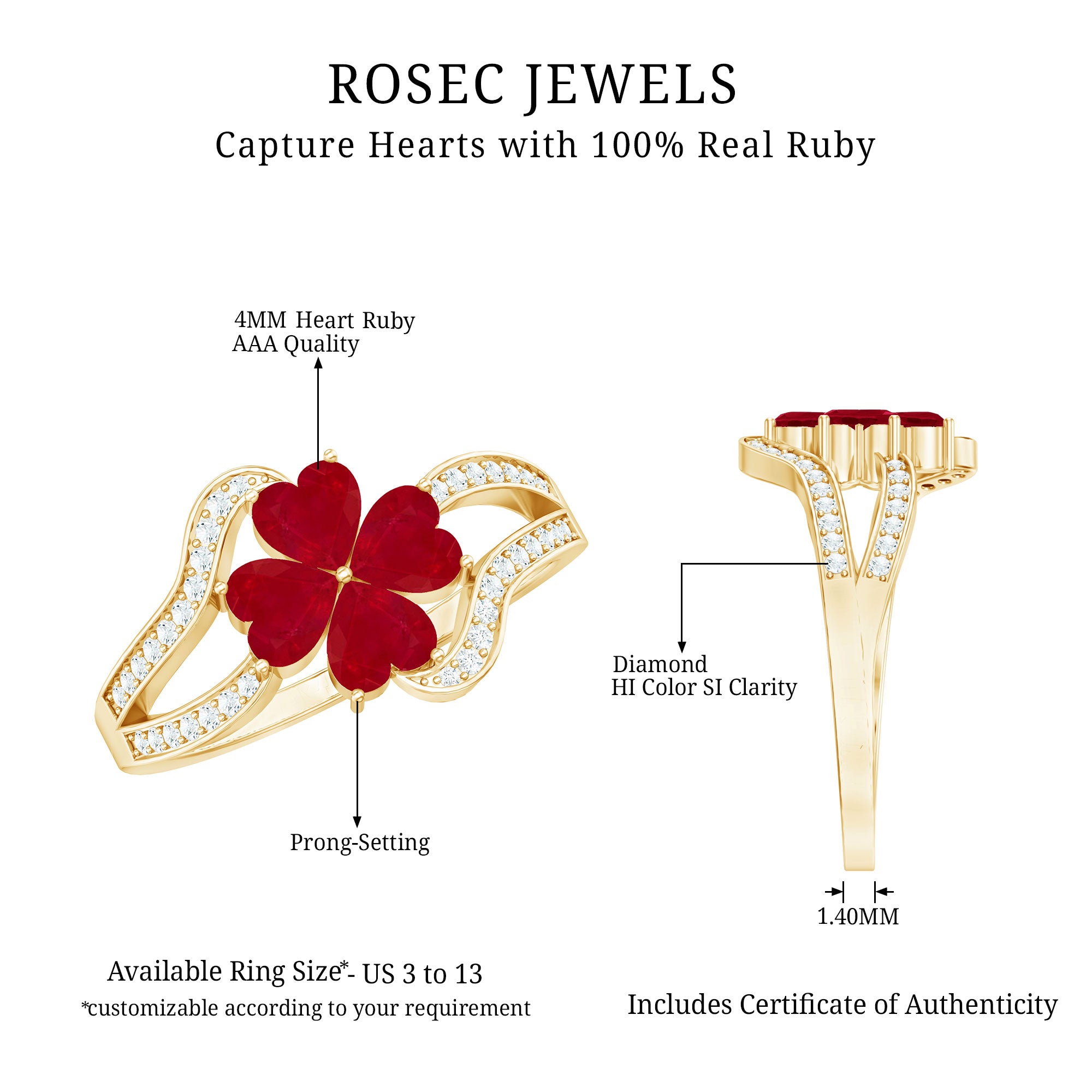 Real 1.8 Carat Ruby Flower Engagement Ring with Diamond Split Shank AAA - Rosec Jewels