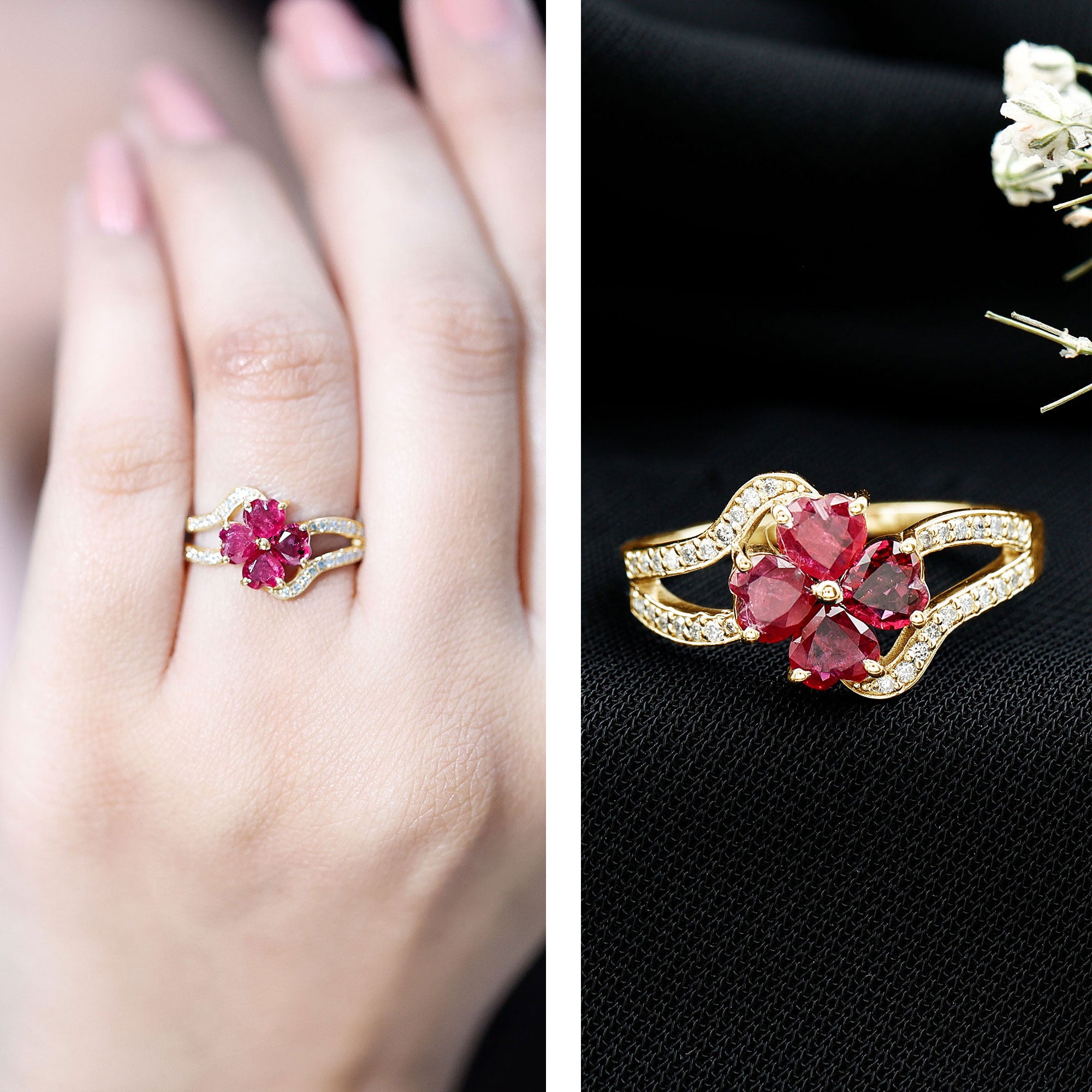 Real 1.8 Carat Ruby Flower Engagement Ring with Diamond Split Shank AAA - Rosec Jewels