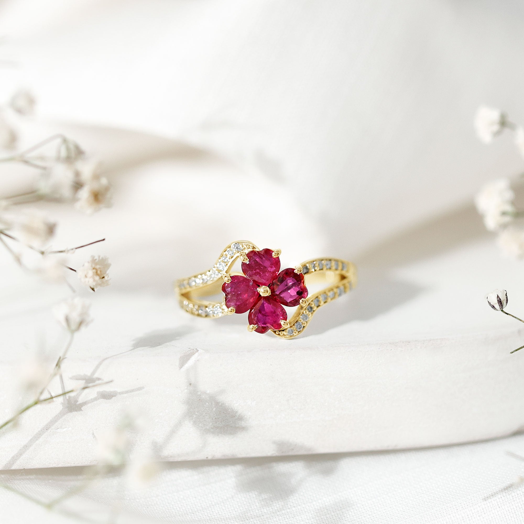 Real 1.8 Carat Ruby Flower Engagement Ring with Diamond Split Shank AAA - Rosec Jewels