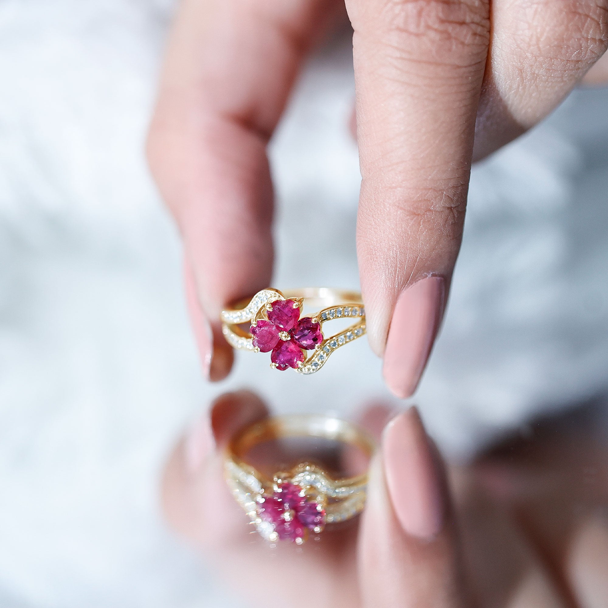 Real 1.8 Carat Ruby Flower Engagement Ring with Diamond Split Shank AAA - Rosec Jewels