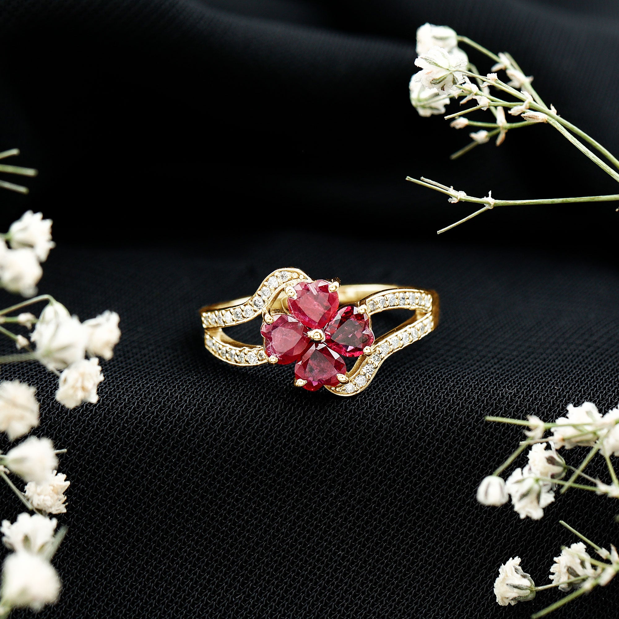 Real 1.8 Carat Ruby Flower Engagement Ring with Diamond Split Shank AAA - Rosec Jewels