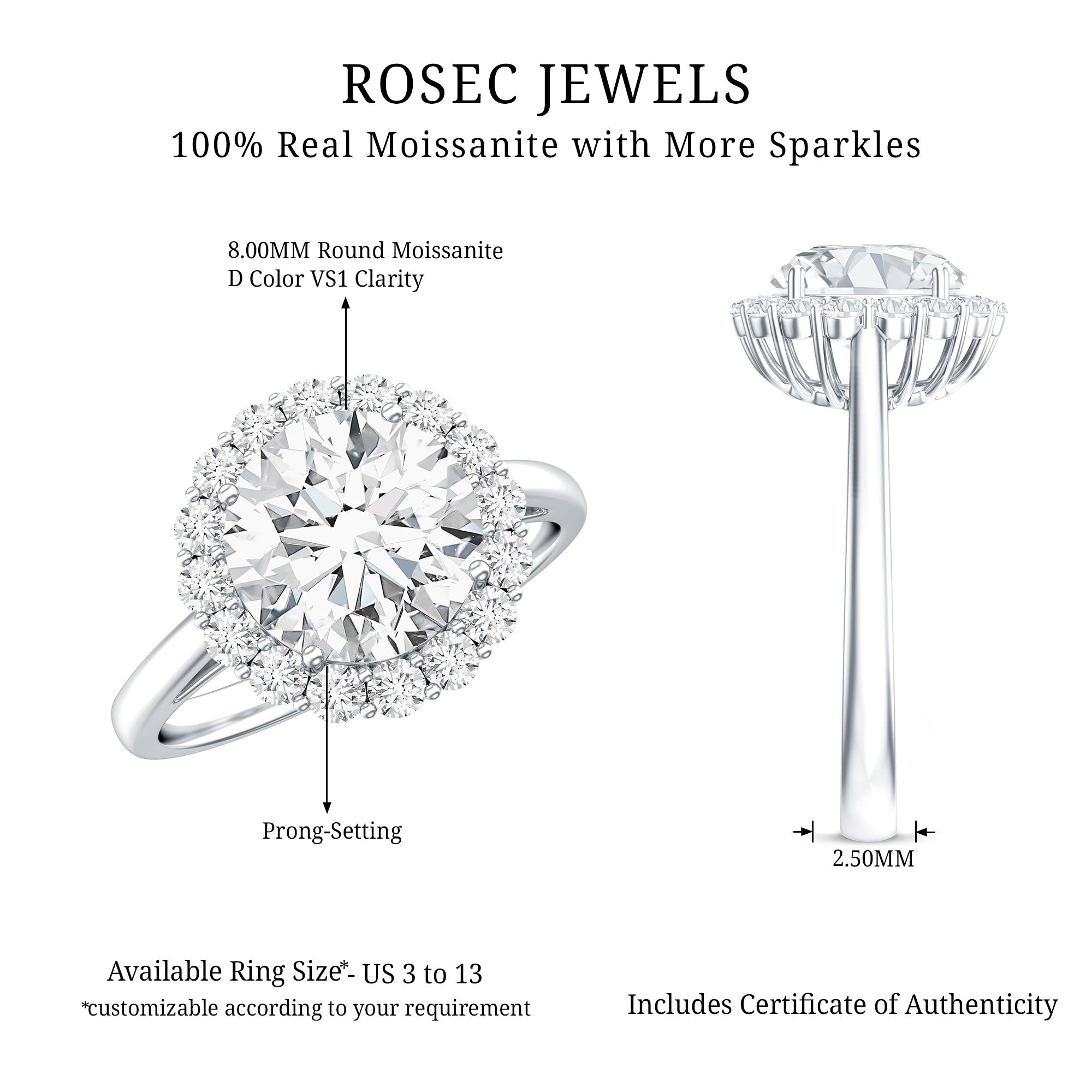Classic Round Cut Moissanite Big Engagement Ring D-VS1 - Rosec Jewels