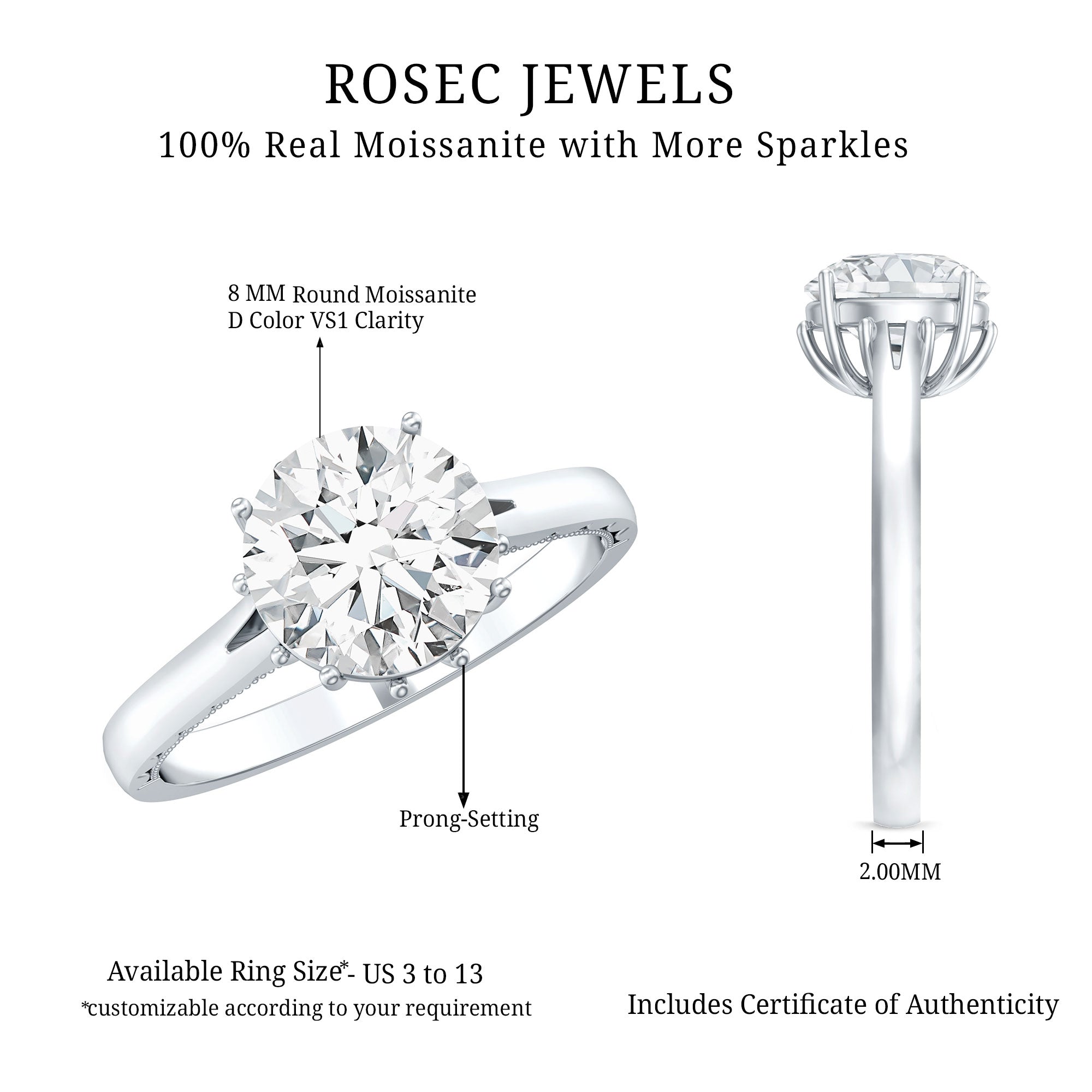 8 MM Round Cut Moissanite Engagement Ring with Milgrain Detailing D-VS1 - Rosec Jewels