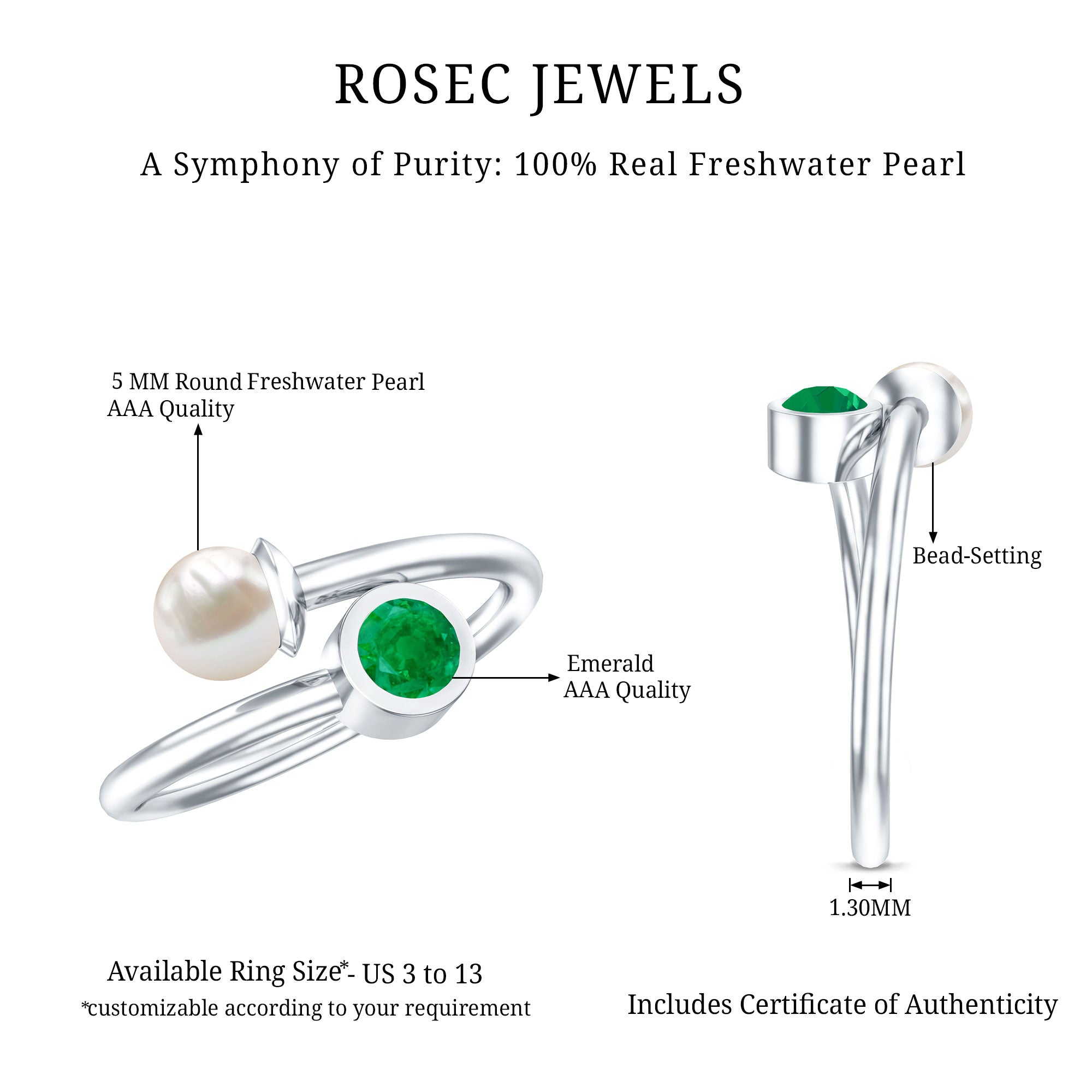 Real Freshwater Pearl and Emerald Toi et Moi Promise Ring AAA - Rosec Jewels