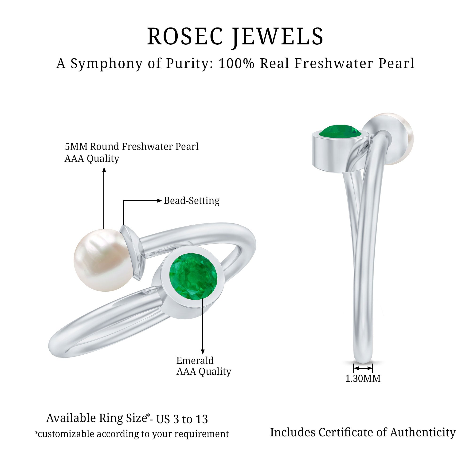 Real Freshwater Pearl and Emerald Toi et Moi Promise Ring AAA - Rosec Jewels