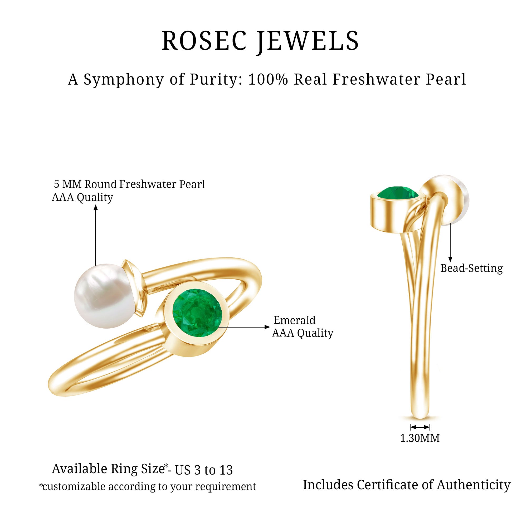 Real Freshwater Pearl and Emerald Toi et Moi Promise Ring AAA - Rosec Jewels