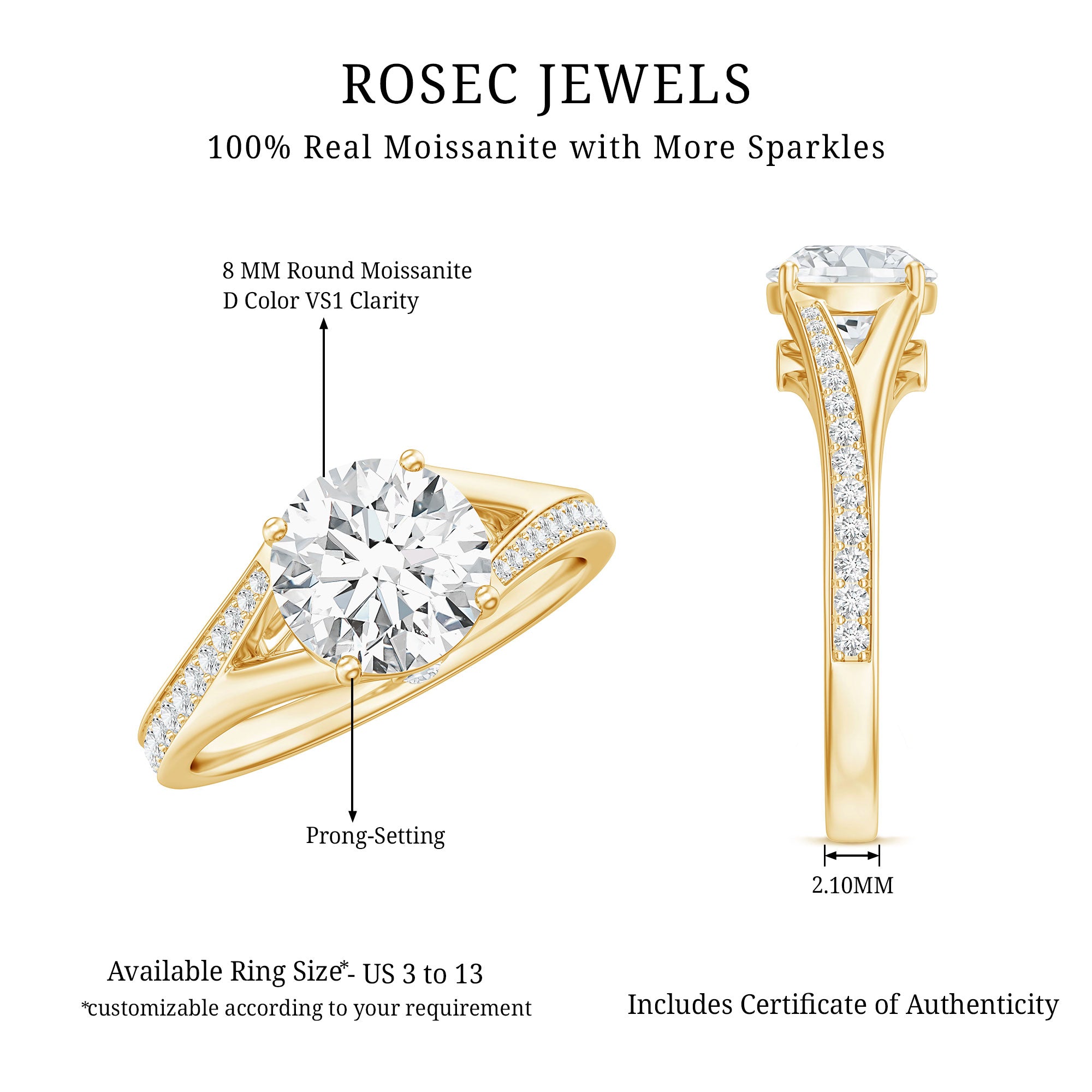 Rosec Jewels-Round Moissanite Solitaire Engagement Ring with Split Shank