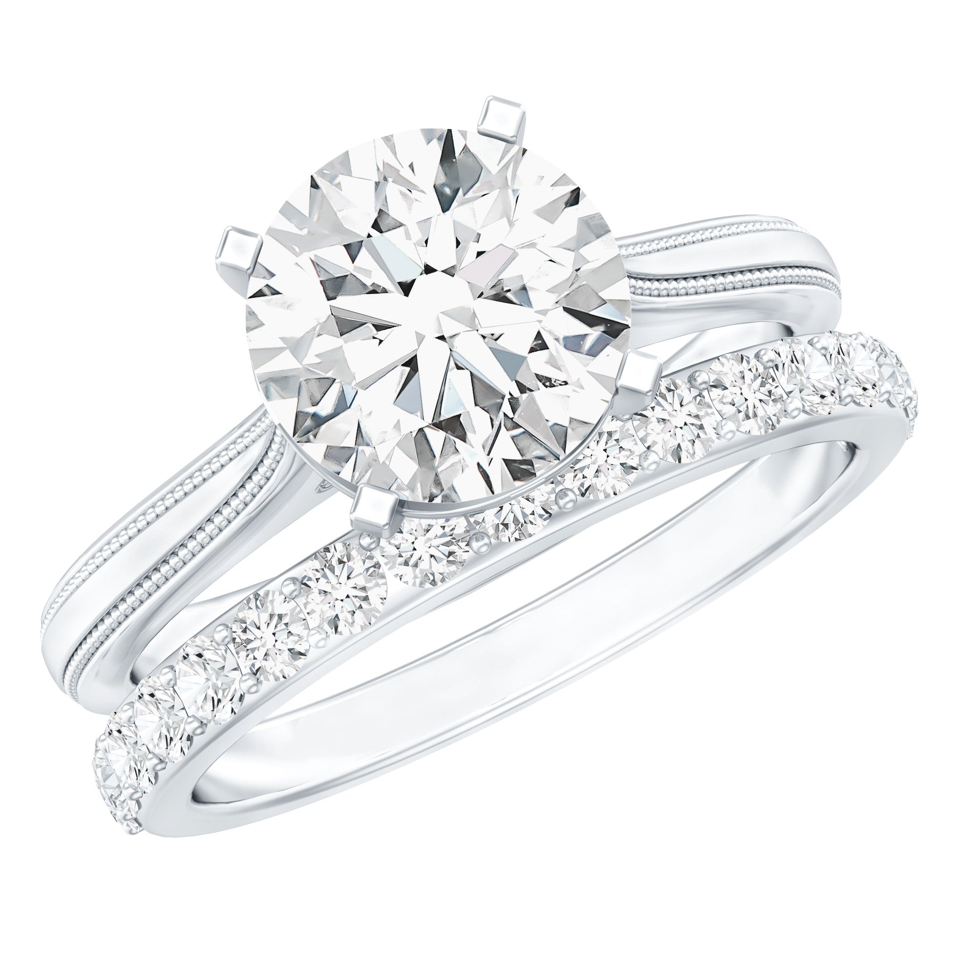 Brilliant Cut Moissanite Engagement Ring and Wedding Band