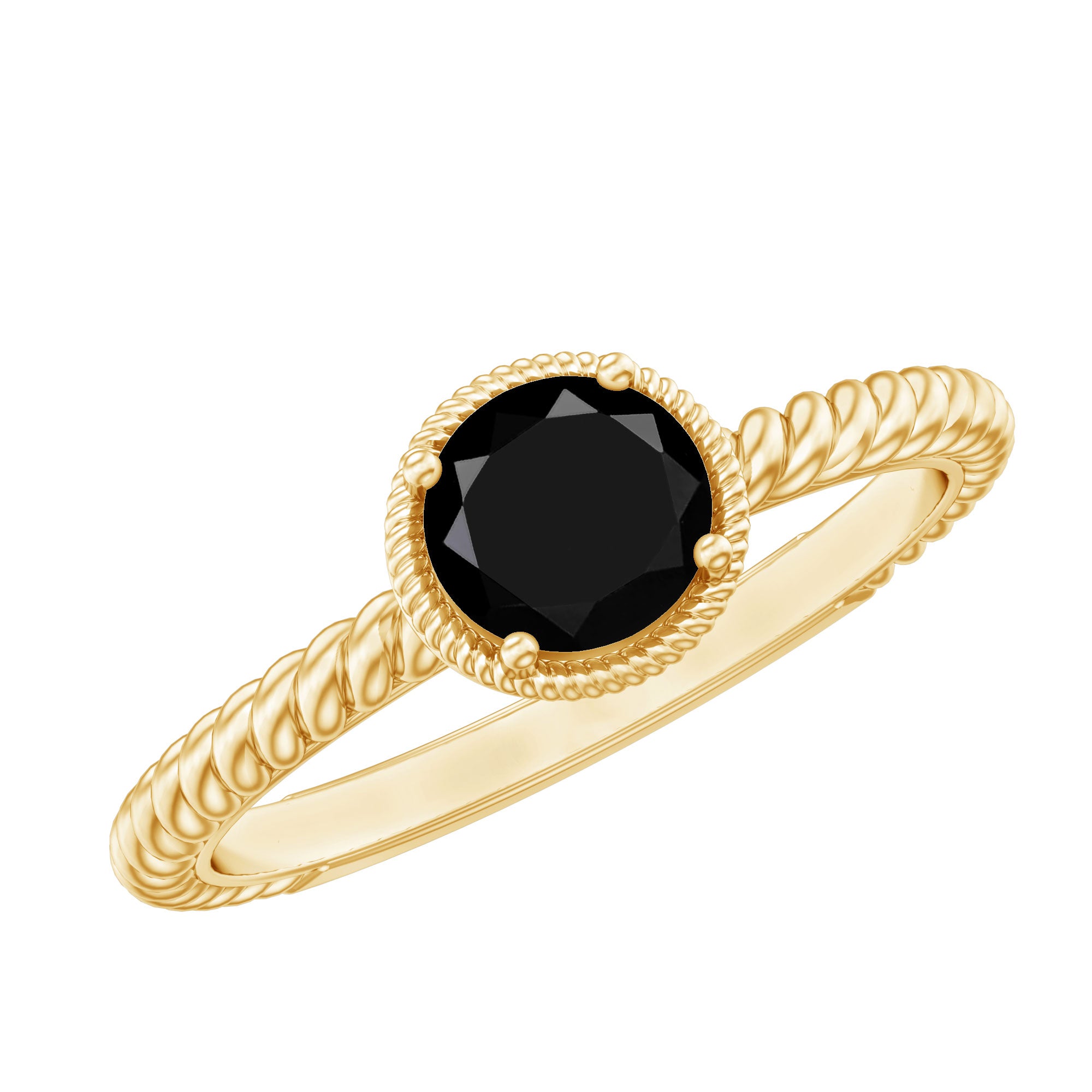 Rosec Jewels-Solitaire 6MM Black Onyx Engagement Ring with Twisted Rope Design